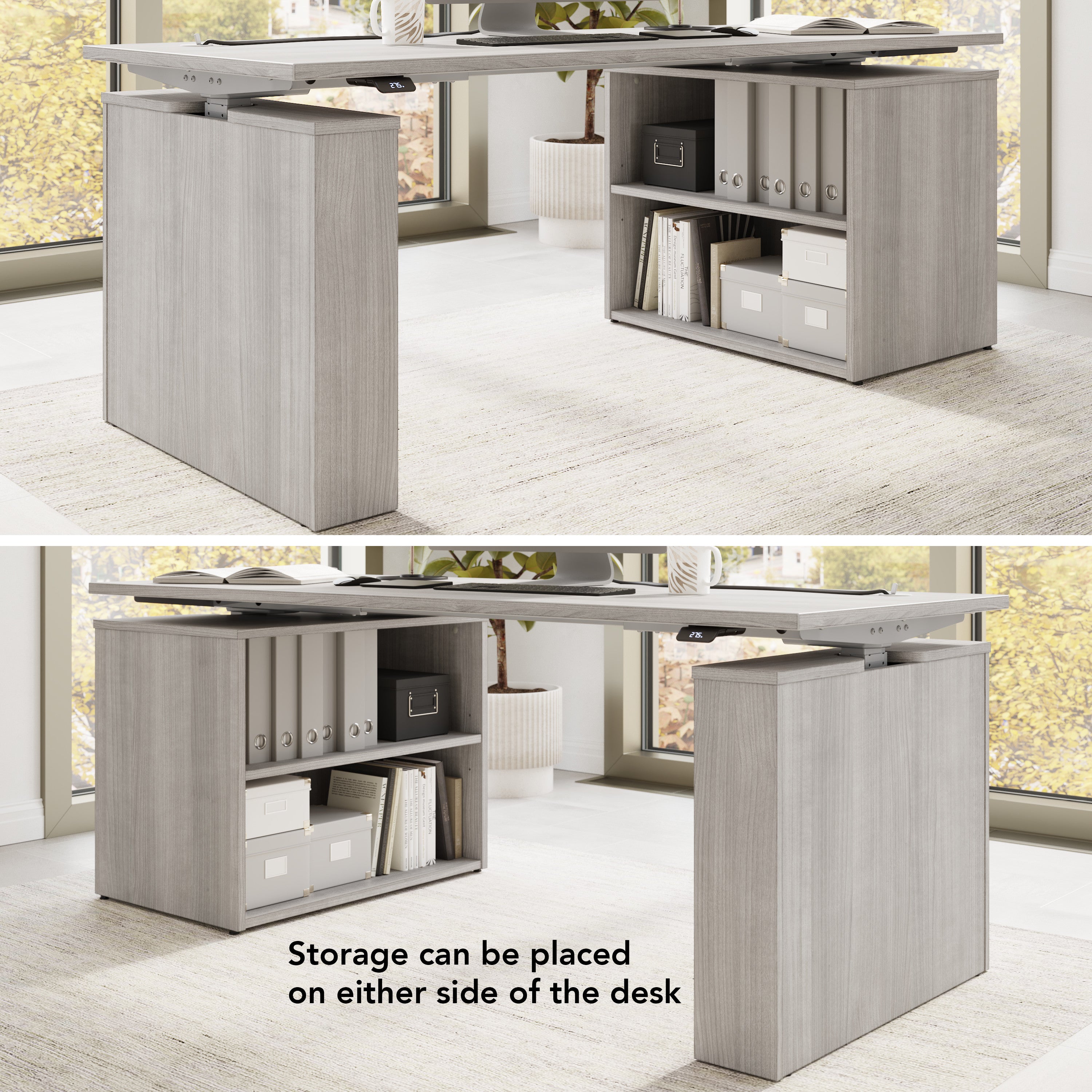 Bush Business Furniture Stratus&nbsp;72W x&nbsp;30D Electric Height Adjustable Standing Desk with Bookcase in Platinum Gray with Metallic Gray Base - 71.02" Width x 29.37" Depth x 27.44" Height