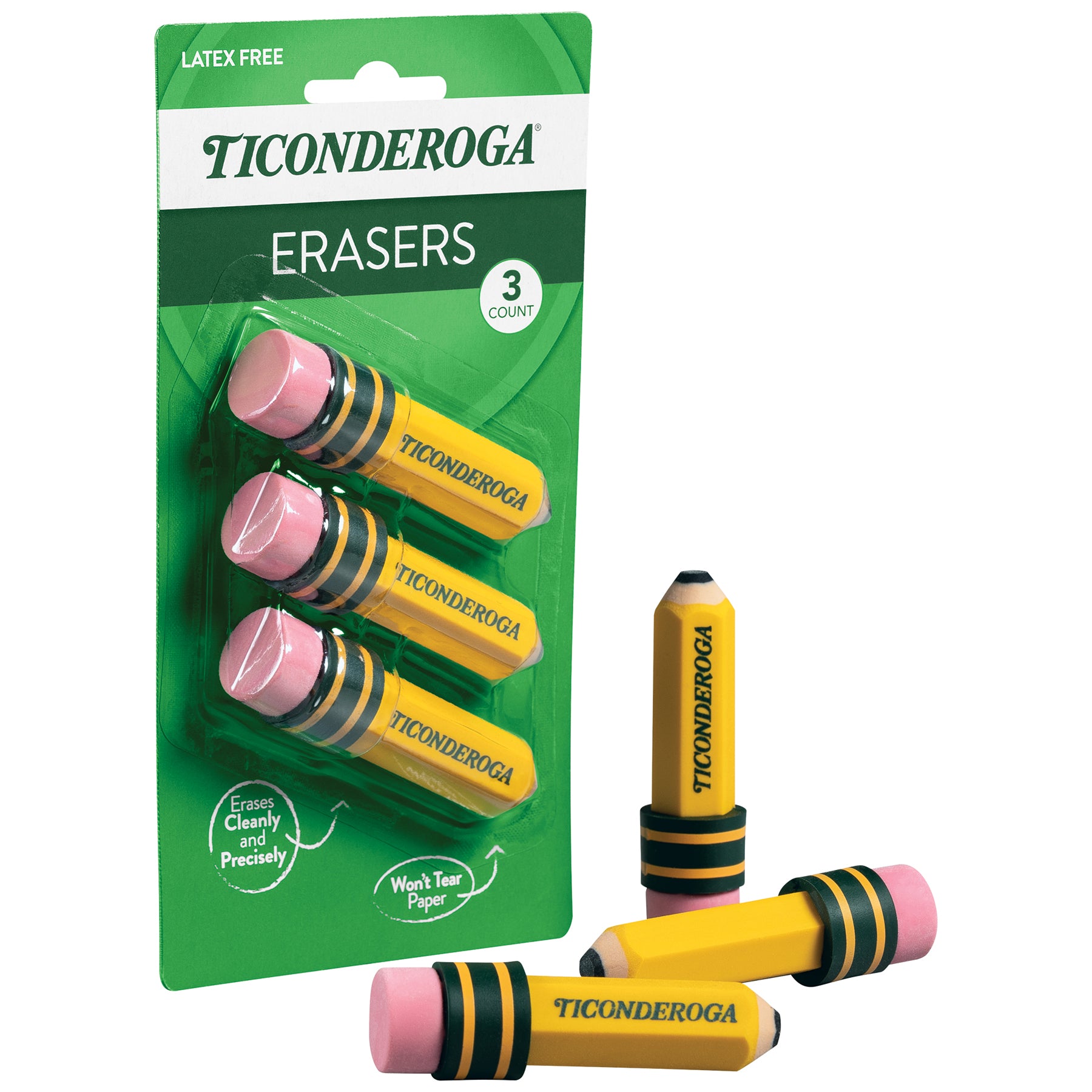 Erasers, Pencil Shaped, Yellow, 3 Count