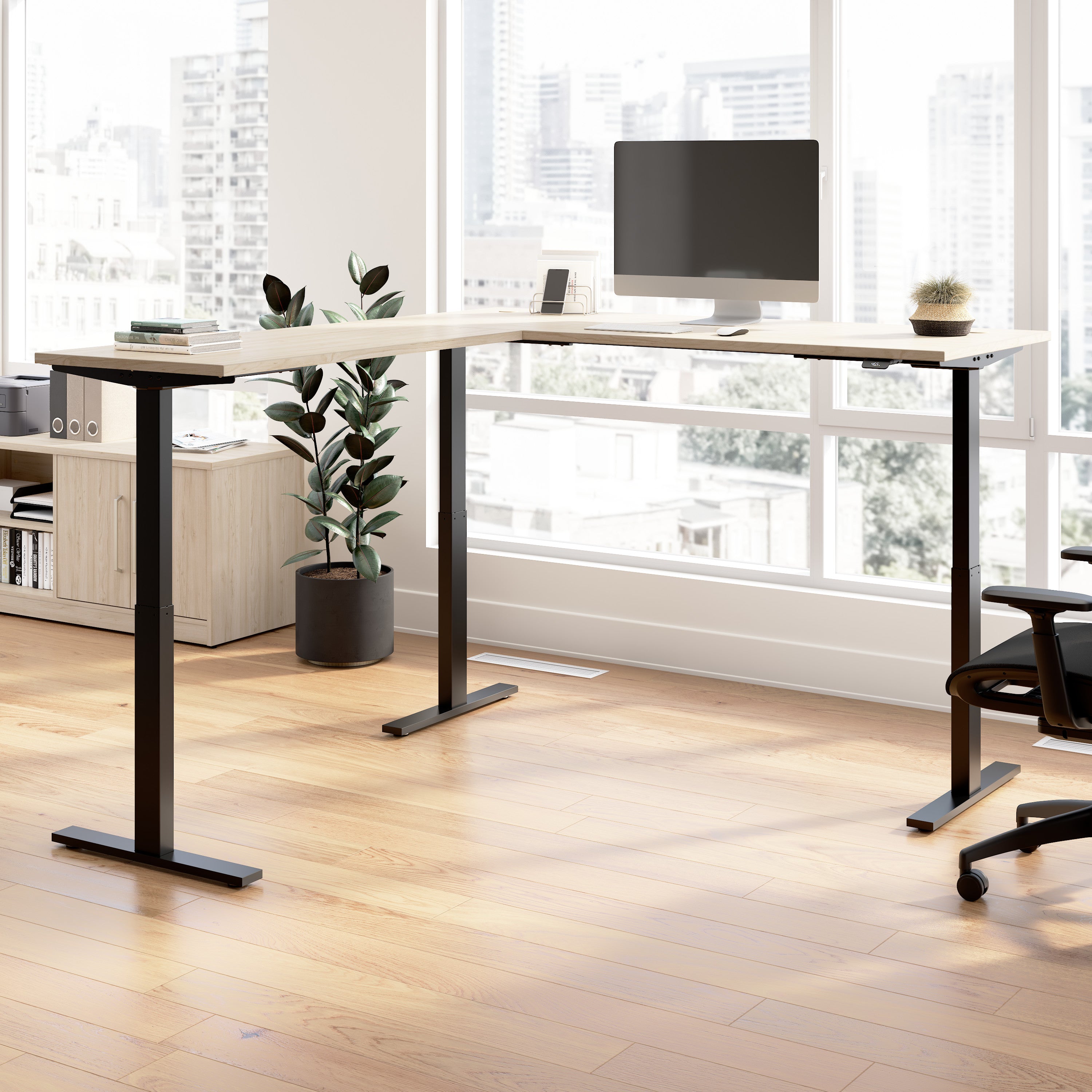 Bush Business Furniture Move 60 Series 72W Height Adjustable L Shaped Standing Desk in Natural Elm with Black Base - 71.02" Width x 76.97" Depth x 27.44" Height