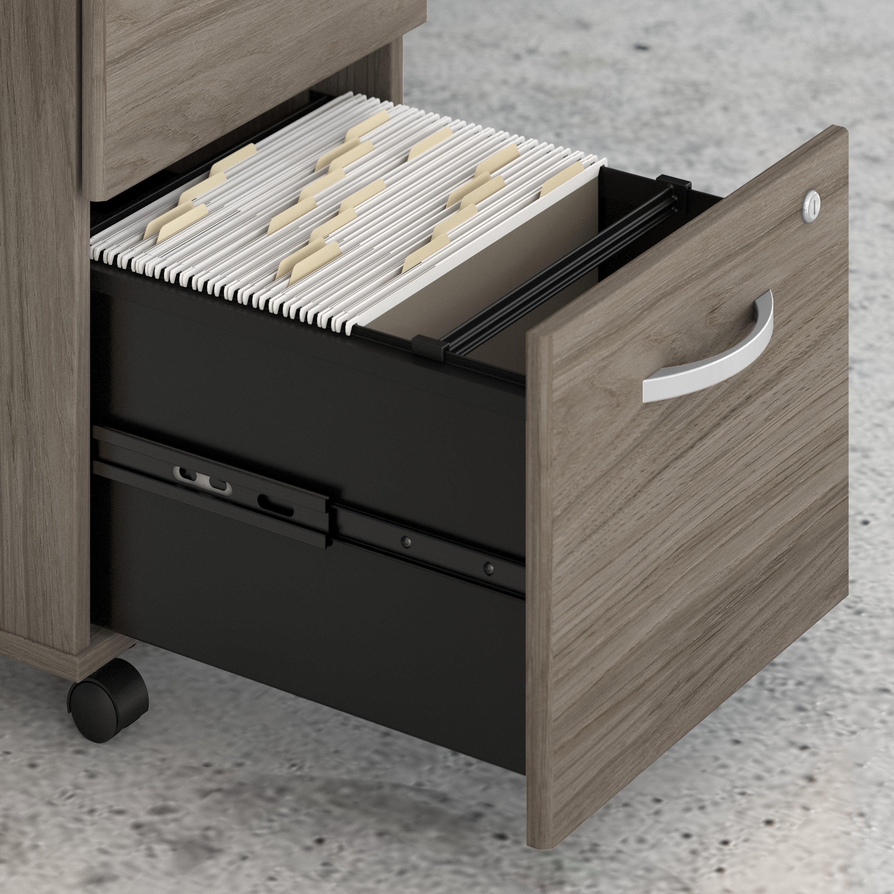 Bush Business Furniture Studio C 72W x 36D Bow Front Desk and Credenza with Mobile File Cabinets in Modern Hickory - 71.02" Width x 94.78" Depth x 29.84" Height