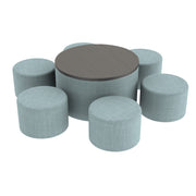 Pro Series 30" Round Ottoman Table with Round 12" H Seating, 7-Piece Set - Sky Blue Crosshatch/Cosmic Strandz