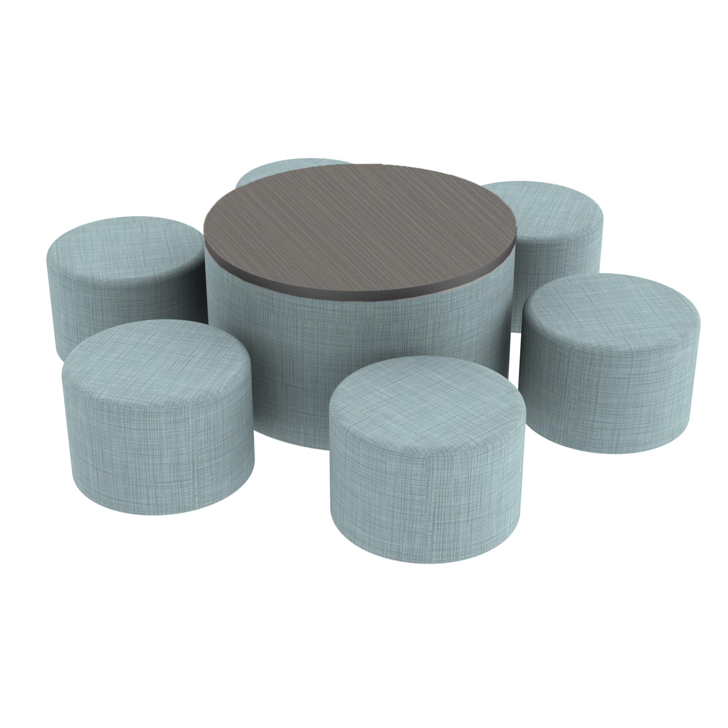 Pro Series 30" Round Ottoman Table with Round 12" H Seating, 7-Piece Set - Sky Blue Crosshatch/Cosmic Strandz
