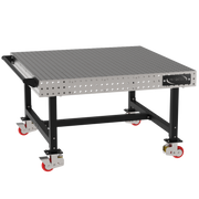 Welding Fixture Table, Fixed Height, 36"H x 60"L x 60"D, 1/4" Carbon Steel Top, Four Black Powdercoat Legs, Handle, 4 Heavy Duty Suspension Casters (2 Locking/Swiveling Casters and 2 Non-Locking/Non-SwivelingCasters)