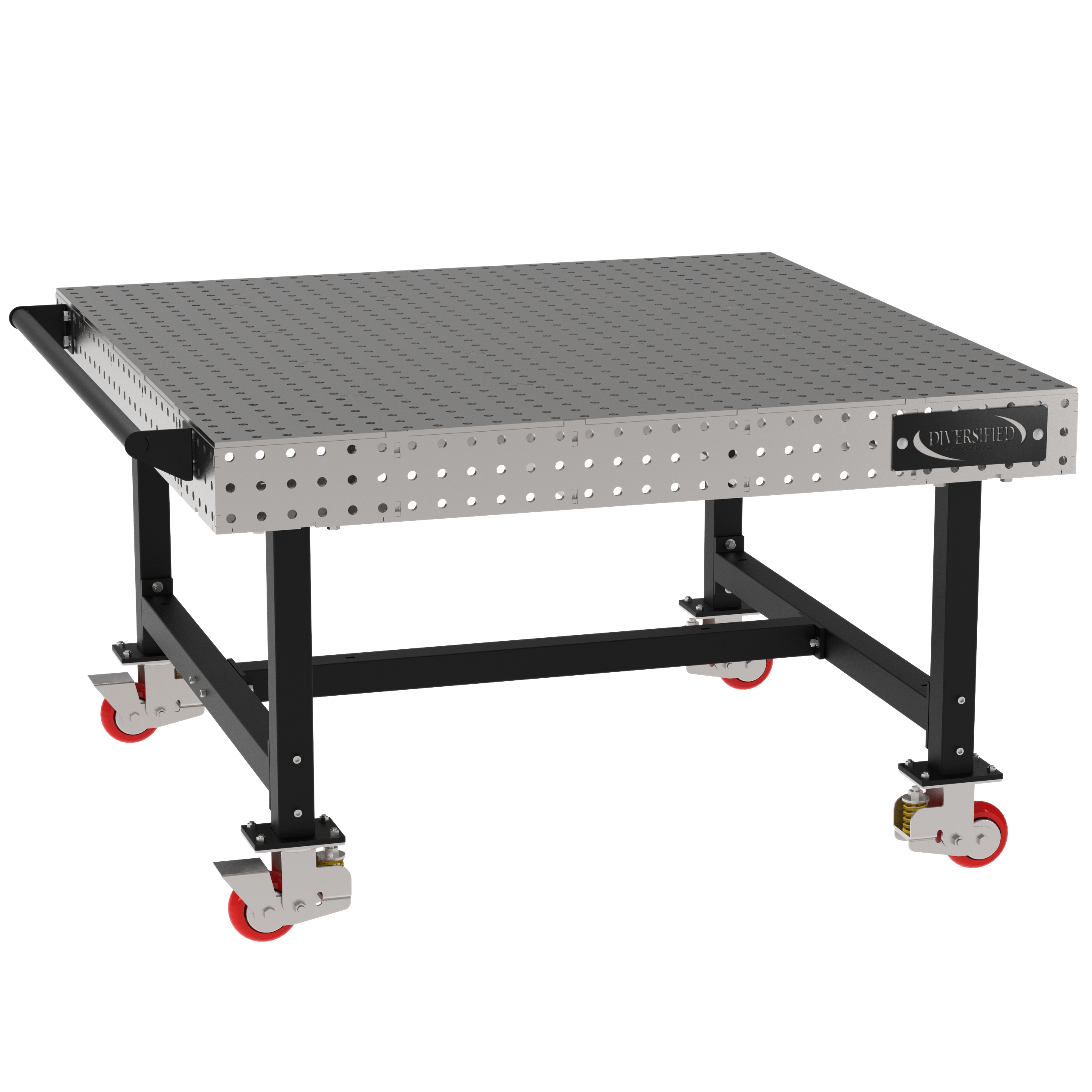 Welding Fixture Table, Fixed Height, 36"H x 60"L x 60"D, 1/4" Carbon Steel Top, Four Black Powdercoat Legs, Handle, 4 Heavy Duty Suspension Casters (2 Locking/Swiveling Casters and 2 Non-Locking/Non-SwivelingCasters)