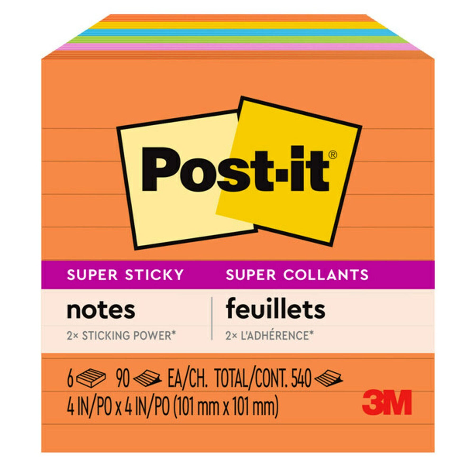 Super Sticky Notes, Energy Boost Collection, 4" x 4" Lined, 90 Sheets/Pad, 6 Pads