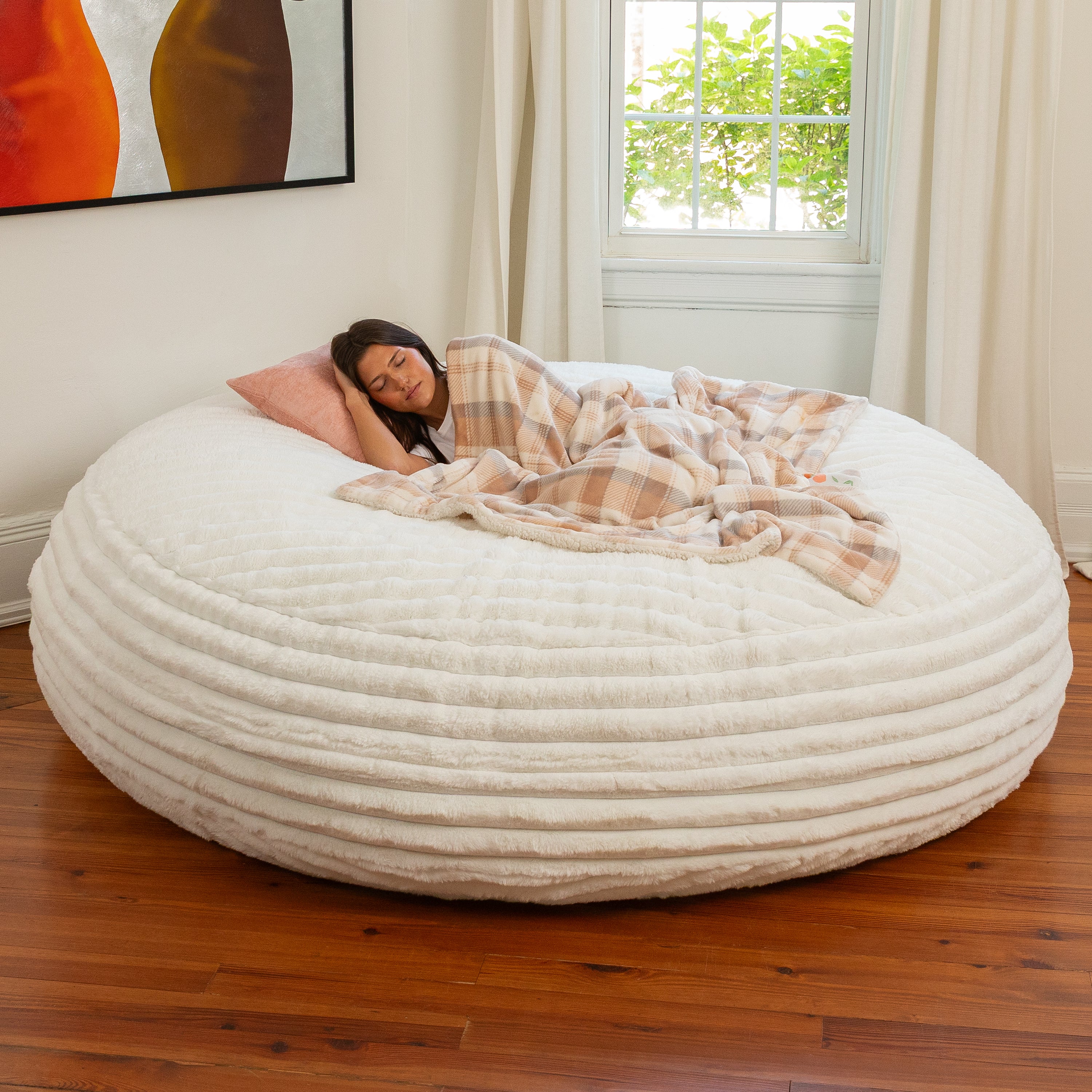 Jaxx Cocoon Bean Bag Bed for Adults - 2-in-1 Giant Bean Bag Sleeper and Convertible Lounger - Made in the USA - 7 Foot, Mondo Fur Ivory