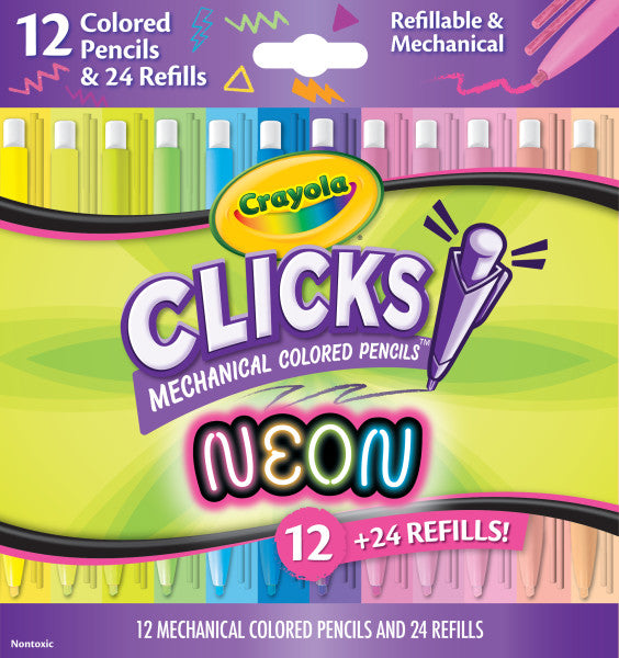 Crayola Clicks 2.0mm Mechanical Colored Pencil Set, 12 Neon Colors, Coloring Pencils for Kids, No Sharpen, 24 Replacement Cores, Ages 5+