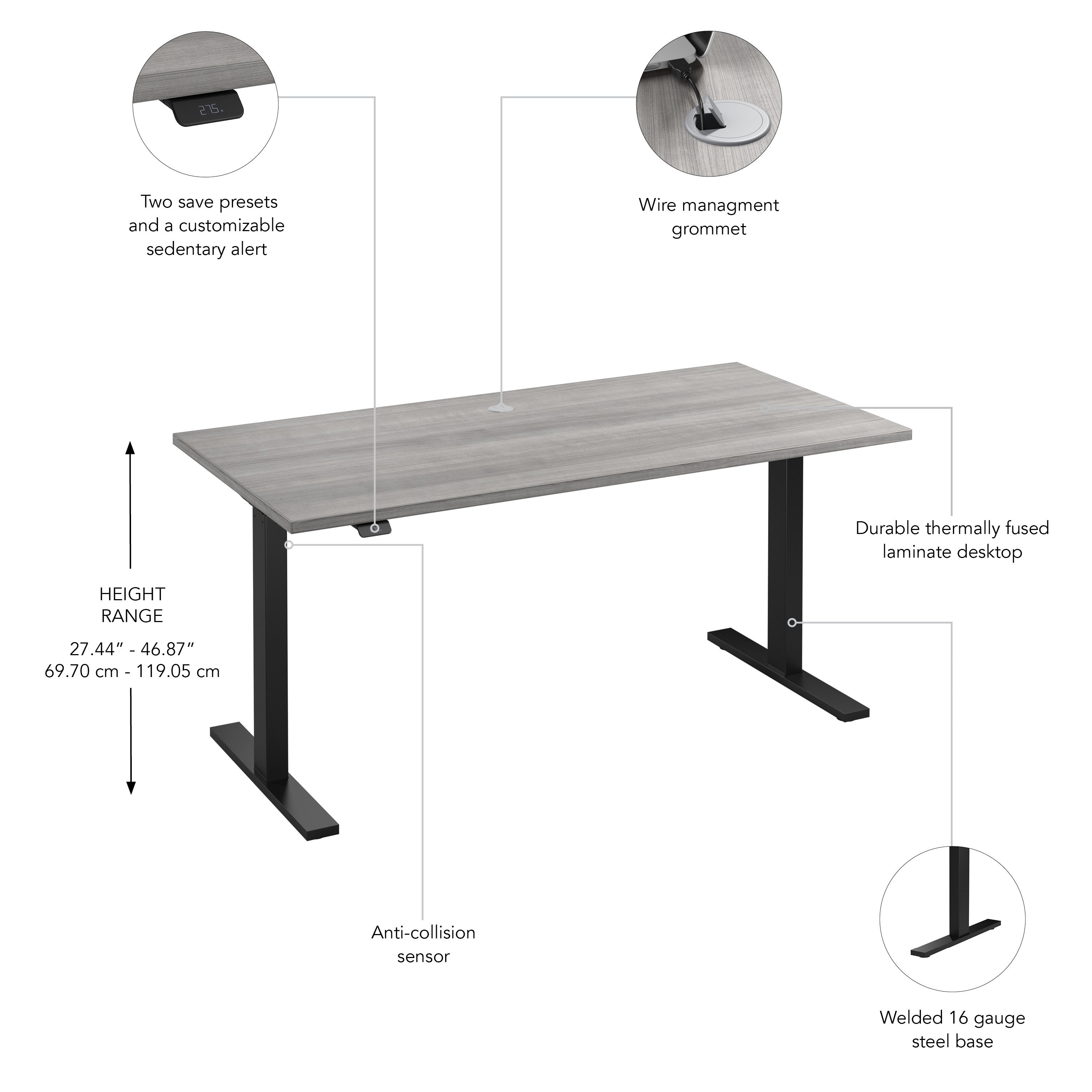 Bush Business Furniture Move 60 Series 60W x 30D Electric Height Adjustable Standing Desk in Platinum Gray with Black Base - 59.45" Width x 29.37" Depth x 47.69" Height