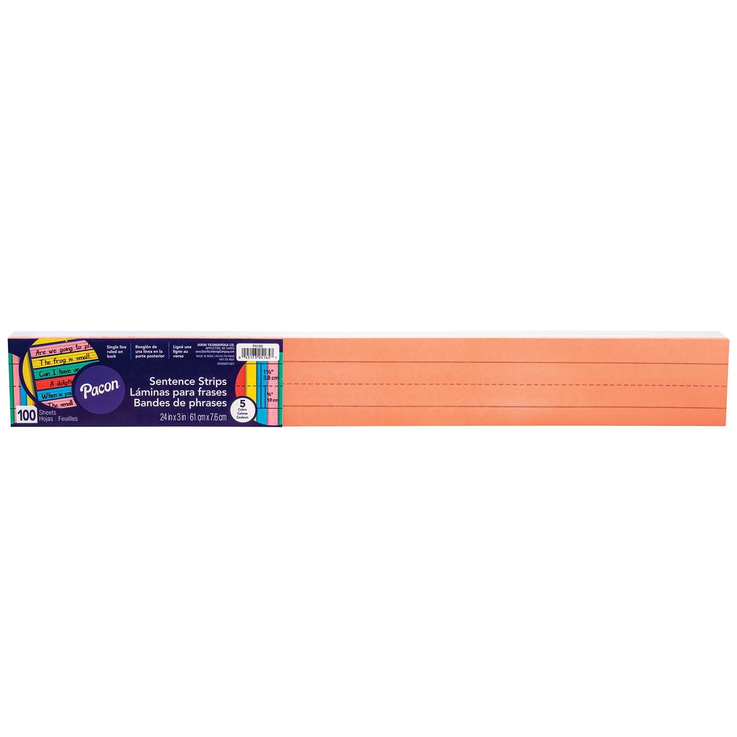 Sentence Strips, 5 Assorted Colors, 1-1/2" Ruled, 3" x 24", 100 Strips