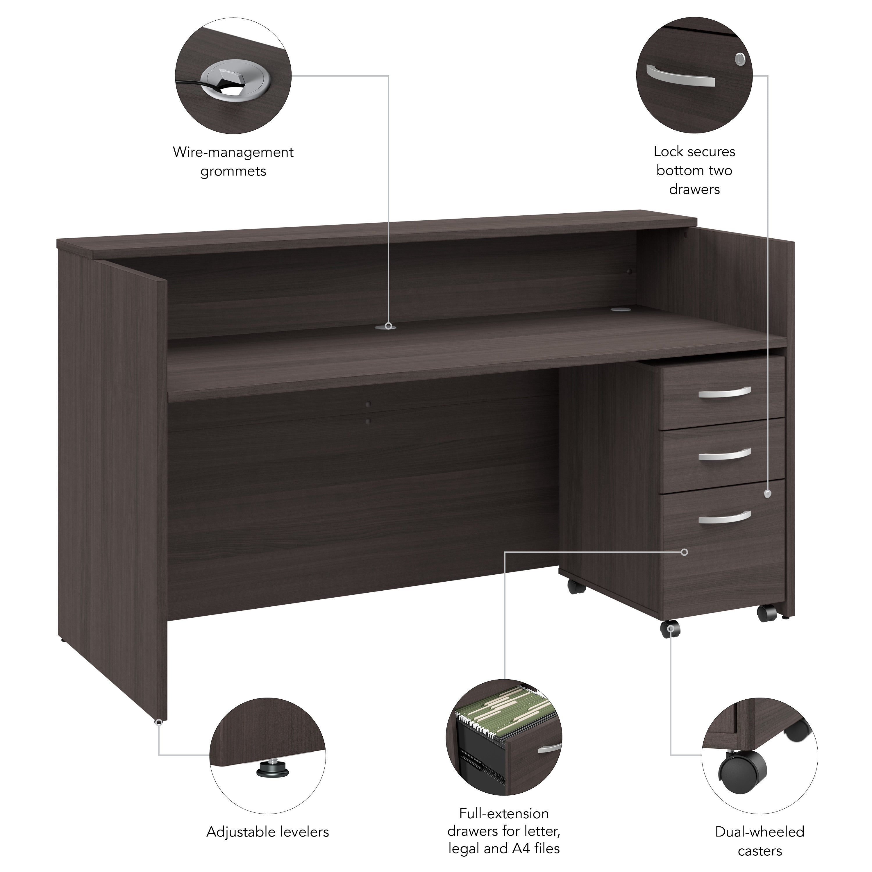 Bush Business Furniture Arrive 72W x 30D Reception Desk with Shelf and Mobile File Cabinet in Storm Gray - 71.02" Width x 29.49" Depth x 40.35" Height