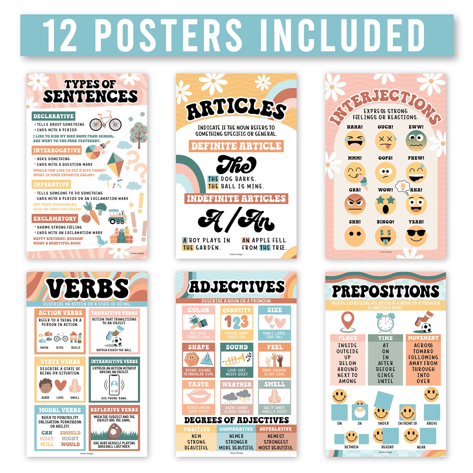 Retro Parts of Speech Language Arts and Grammar Laminated Posters, Set of 12