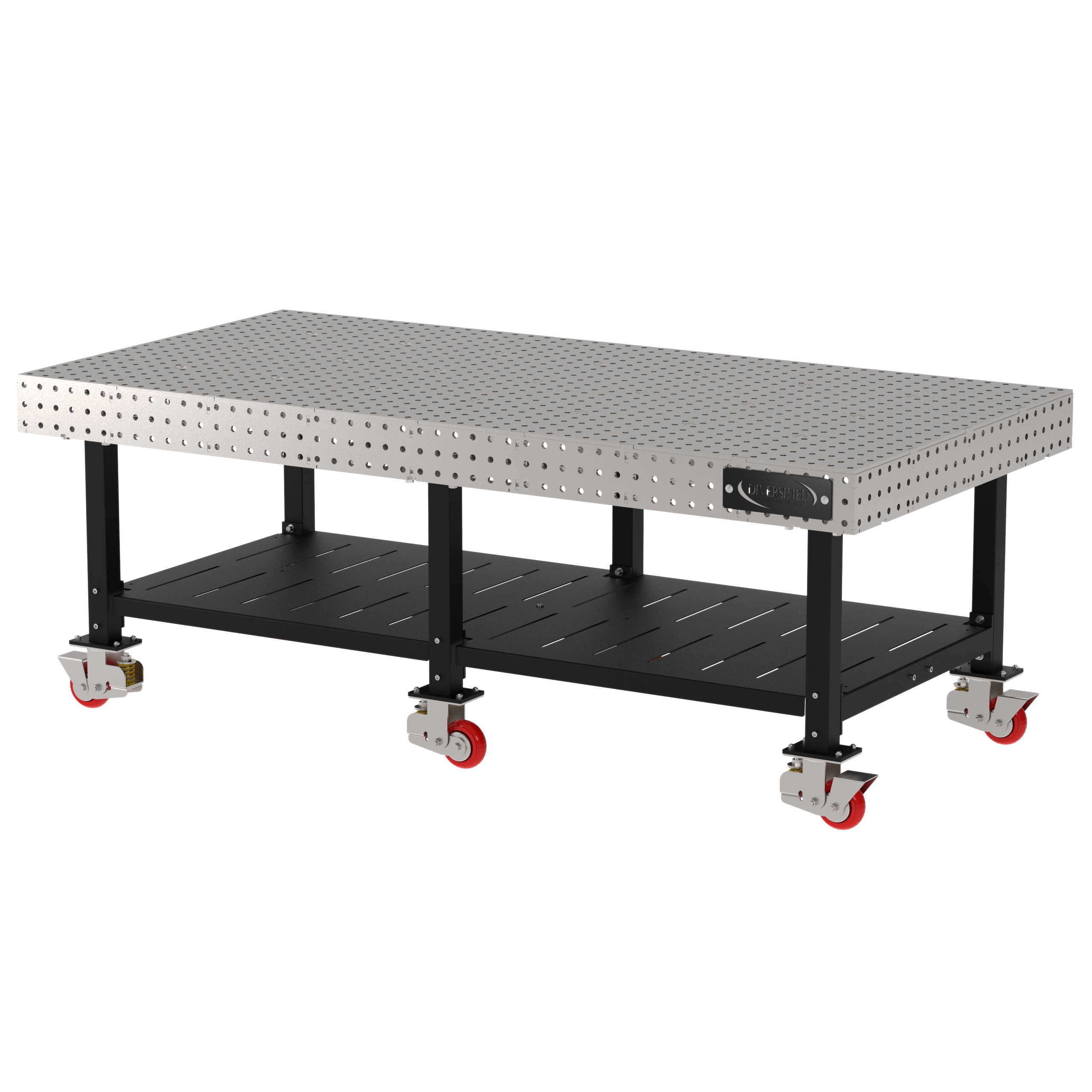 Welding Fixture Table, Fixed Height, 36"H x 96"L x 48"D, 1/4" Carbon Steel Top, Six Black Powdercoat Legs, Shelf, 6 Heavy Duty Suspension Casters (4 Locking/Swiveling Casters and 2 Non-Locking/Non-SwivelingCasters)