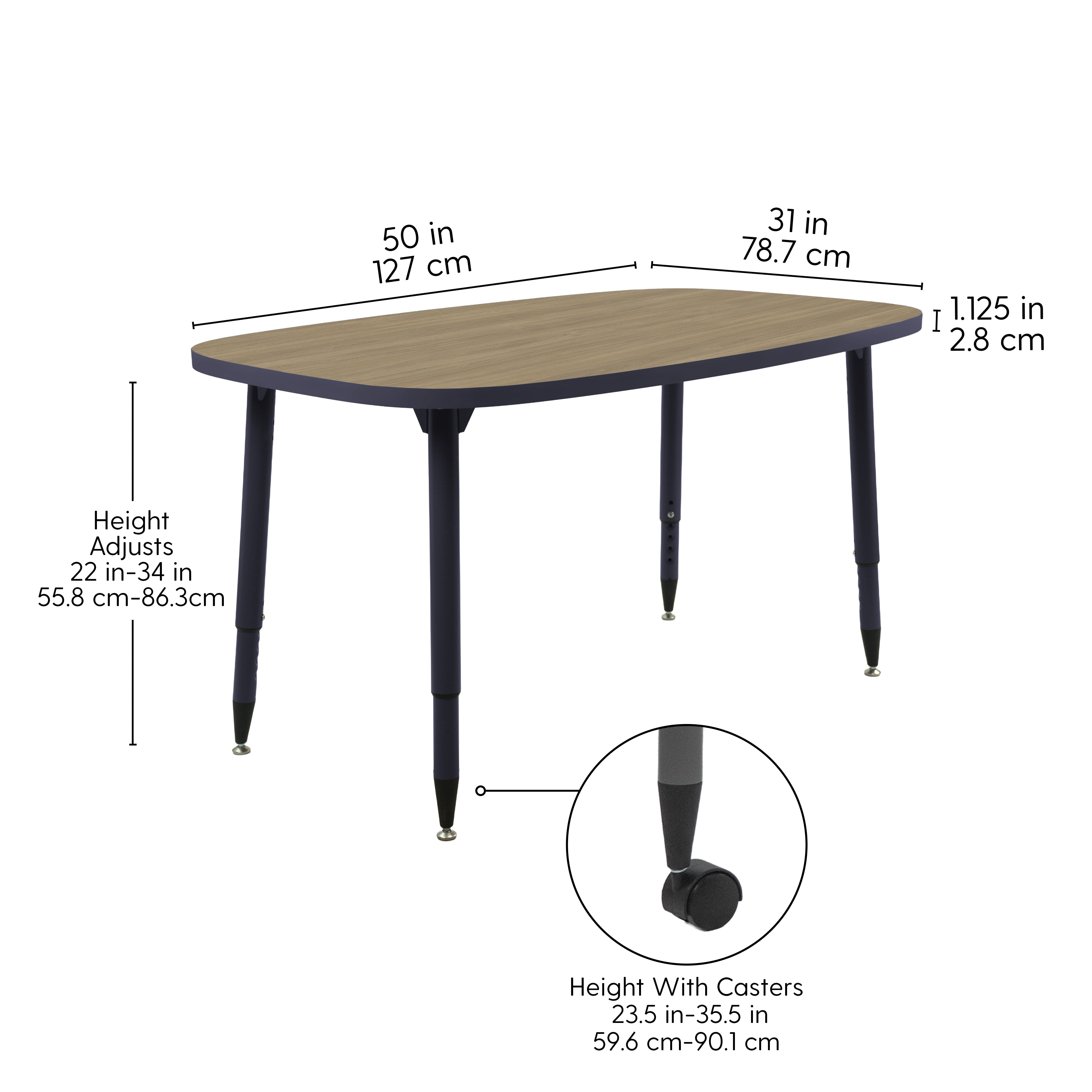 Adapte 31" x 50" Rounded Rectangle Thermofused Activity Table with Adjustable Tapered Legs - Pasadena Oak/Navy