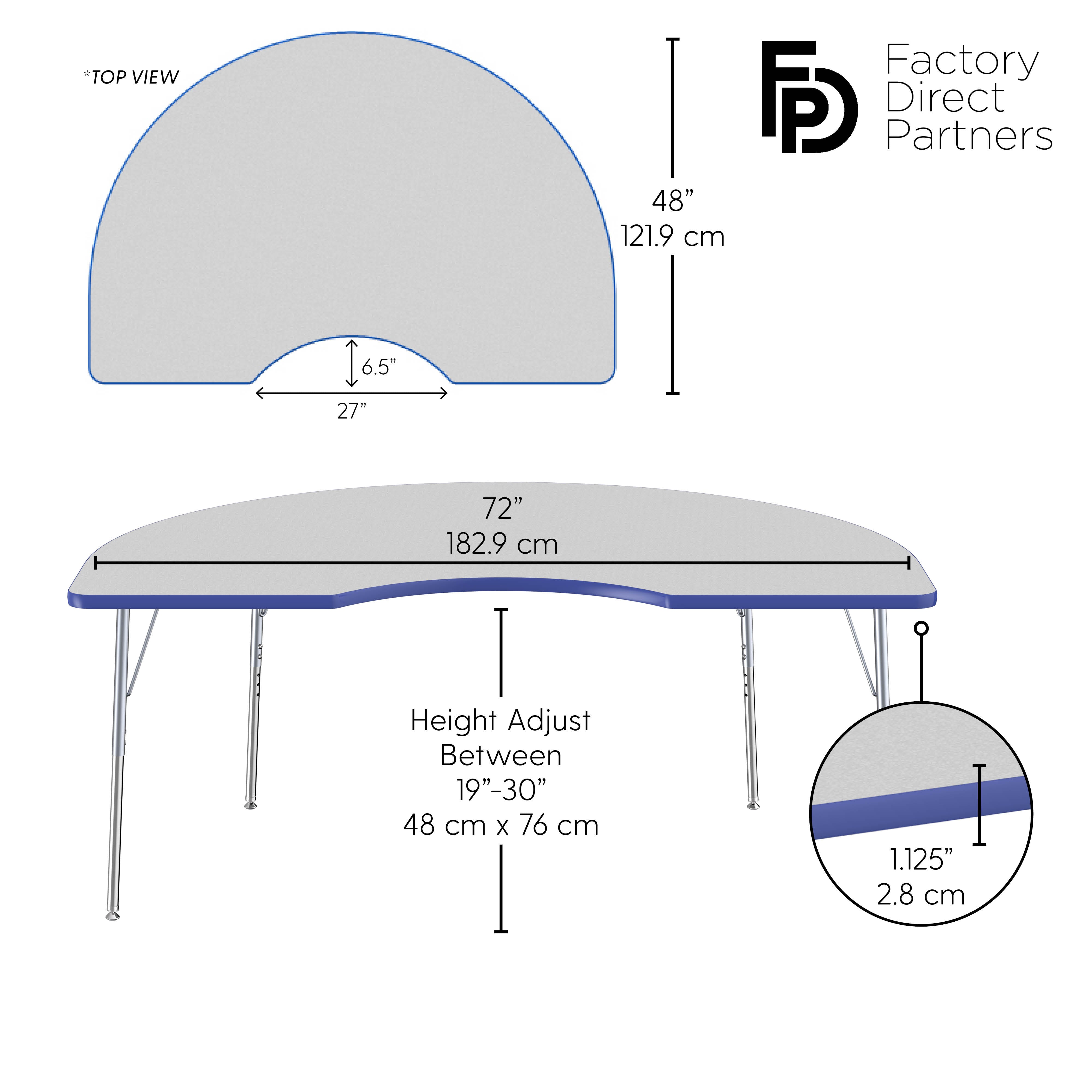 48" x 72" Kidney T-Molding Activity Table with Adjustable Standard Swivel Glide Legs - Gray/Blue/Silver