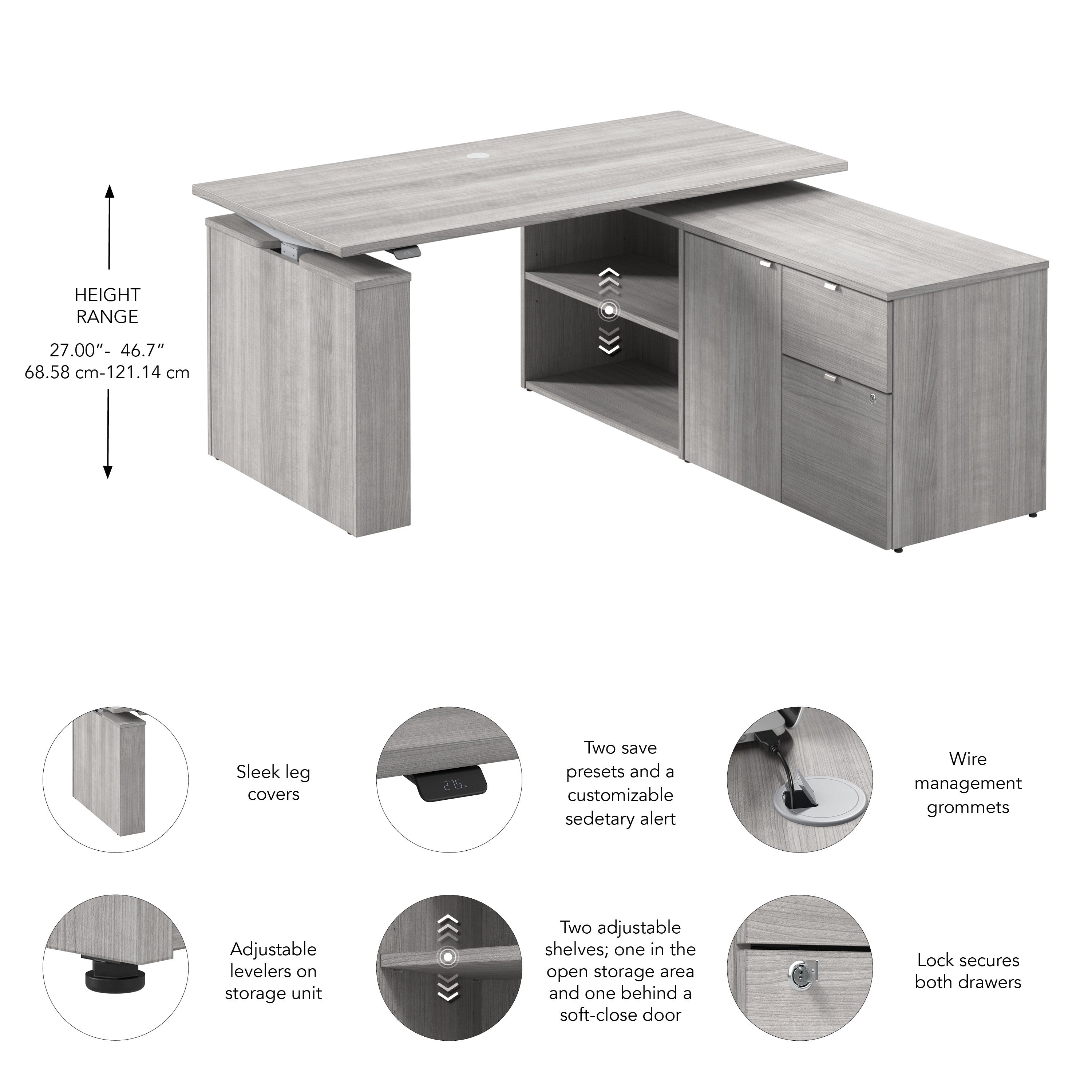 Bush Business Furniture Stratus&nbsp;60W x&nbsp;30D Electric Height Adjustable Standing Desk with Storage in Platinum Gray with Metallic Gray Base - 59.45" Width x 29.37" Depth x 27.44" Height
