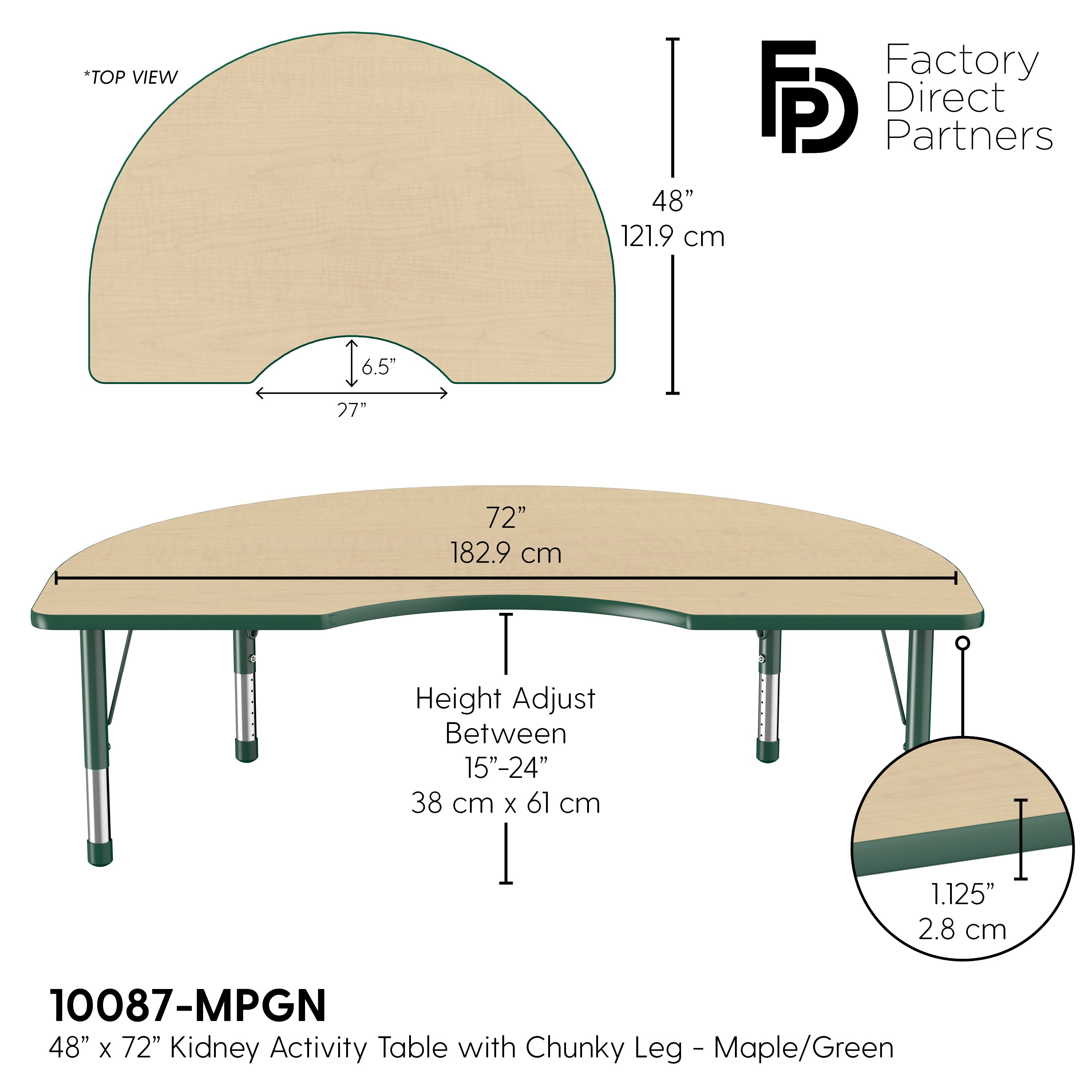 48" x 72" Kidney T-Molding Activity Table with Adjustable Chunky Legs - Maple/Green