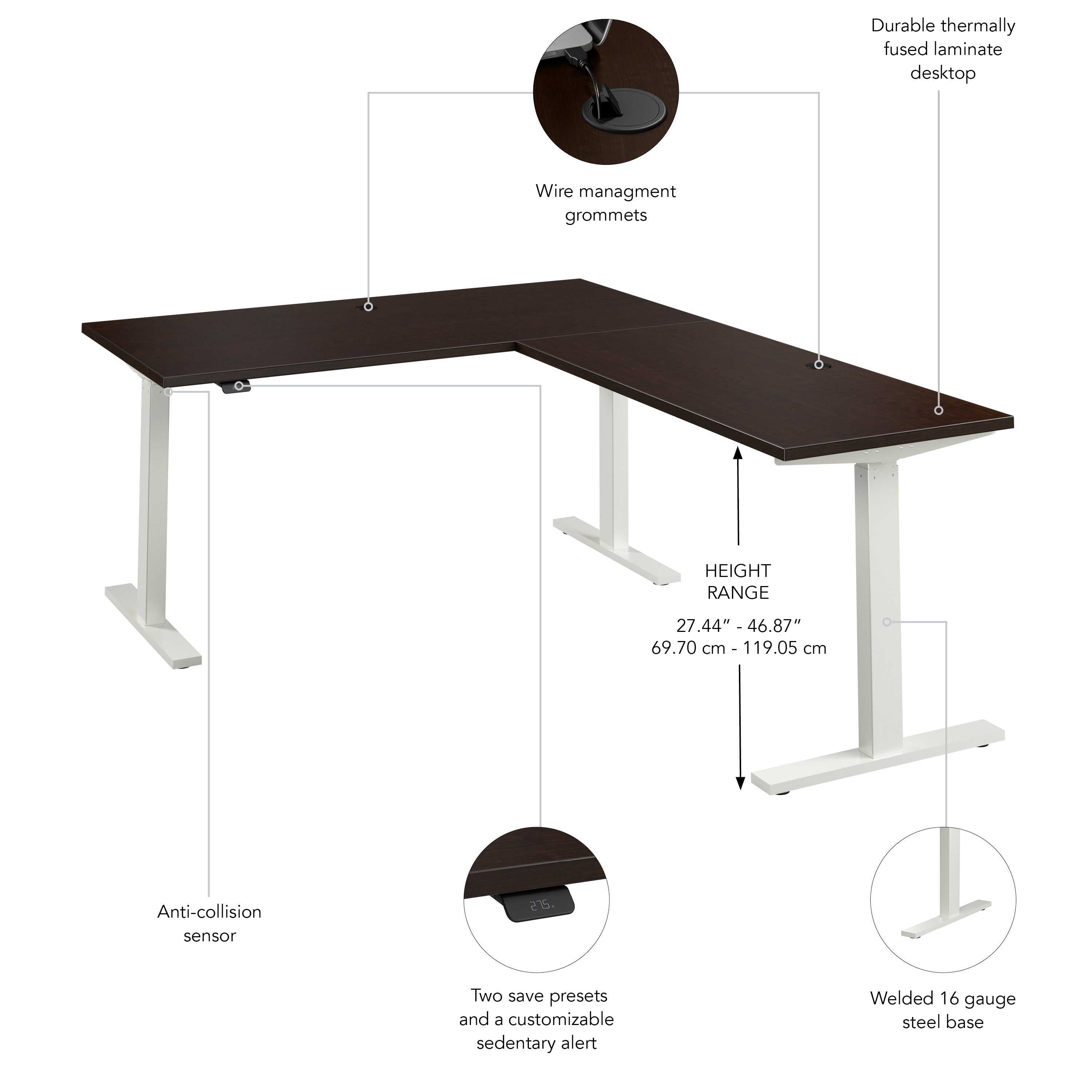 Bush Business Furniture Move 60 Series 60W Height Adjustable L Shaped Standing Desk in Mocha Cherry with White Base - 59.45" Width x 76.97" Depth x 27.44" Height