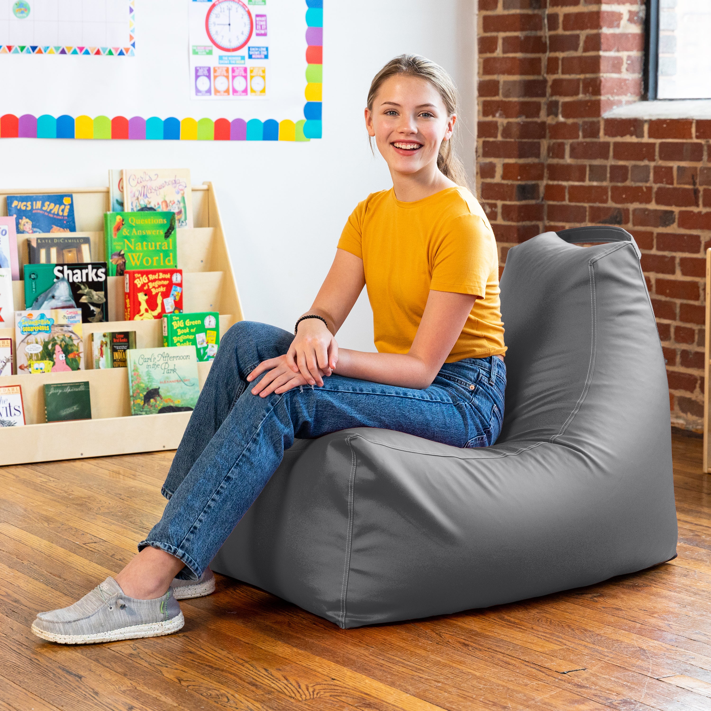 Jaxx Pezzi Premium Vinyl Classroom Bean Bag Chair, Charcoal