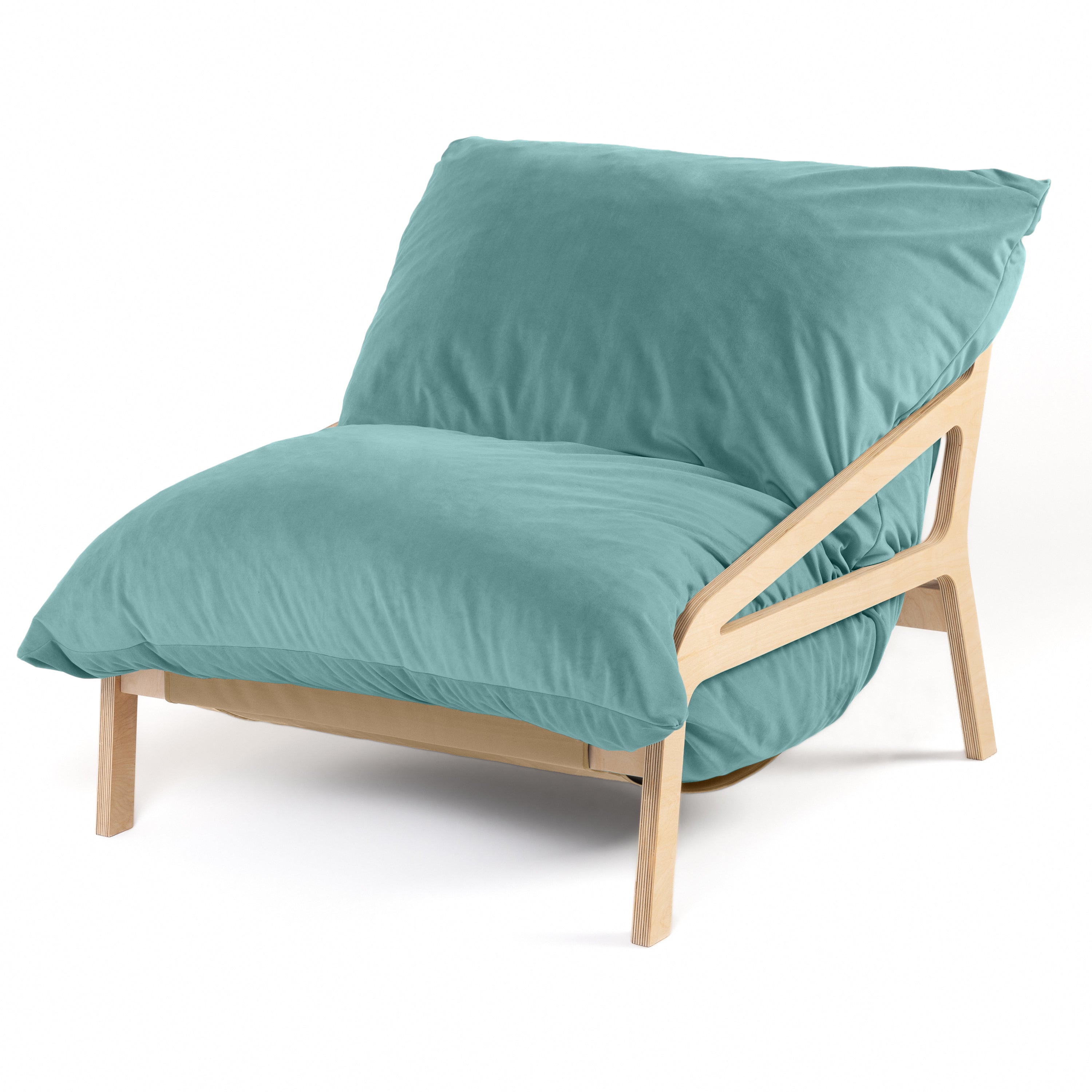 Pillow Saxx Dream Lounger with Wood Frame - 3-in-1 Bean Bag Accent Chair, Recliner & Sleeper, Lush Velvet Turquoise