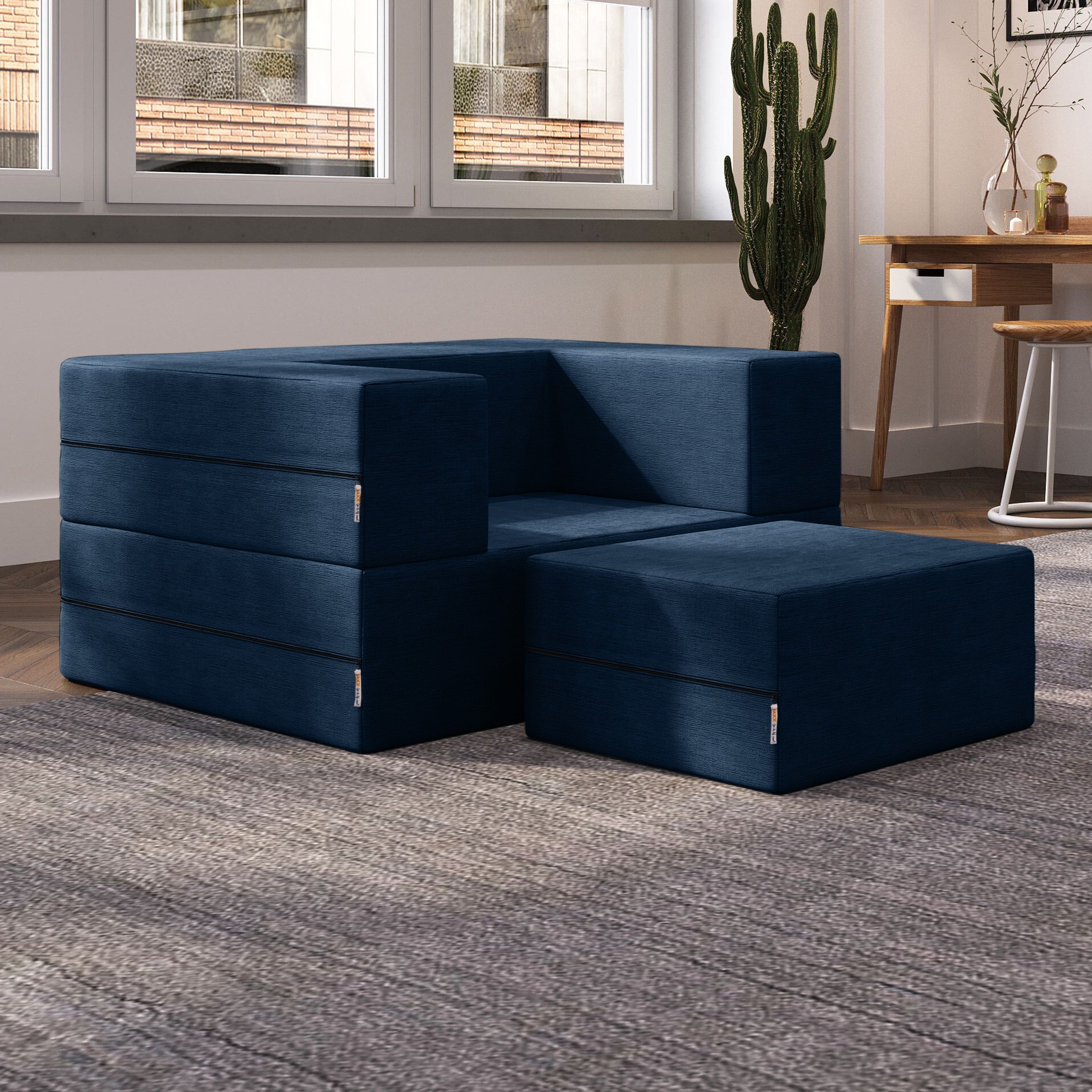 Jaxx Zipline Convertible Sleeper Futon Chair & Ottoman with Machine-Washable Cover, Indigo