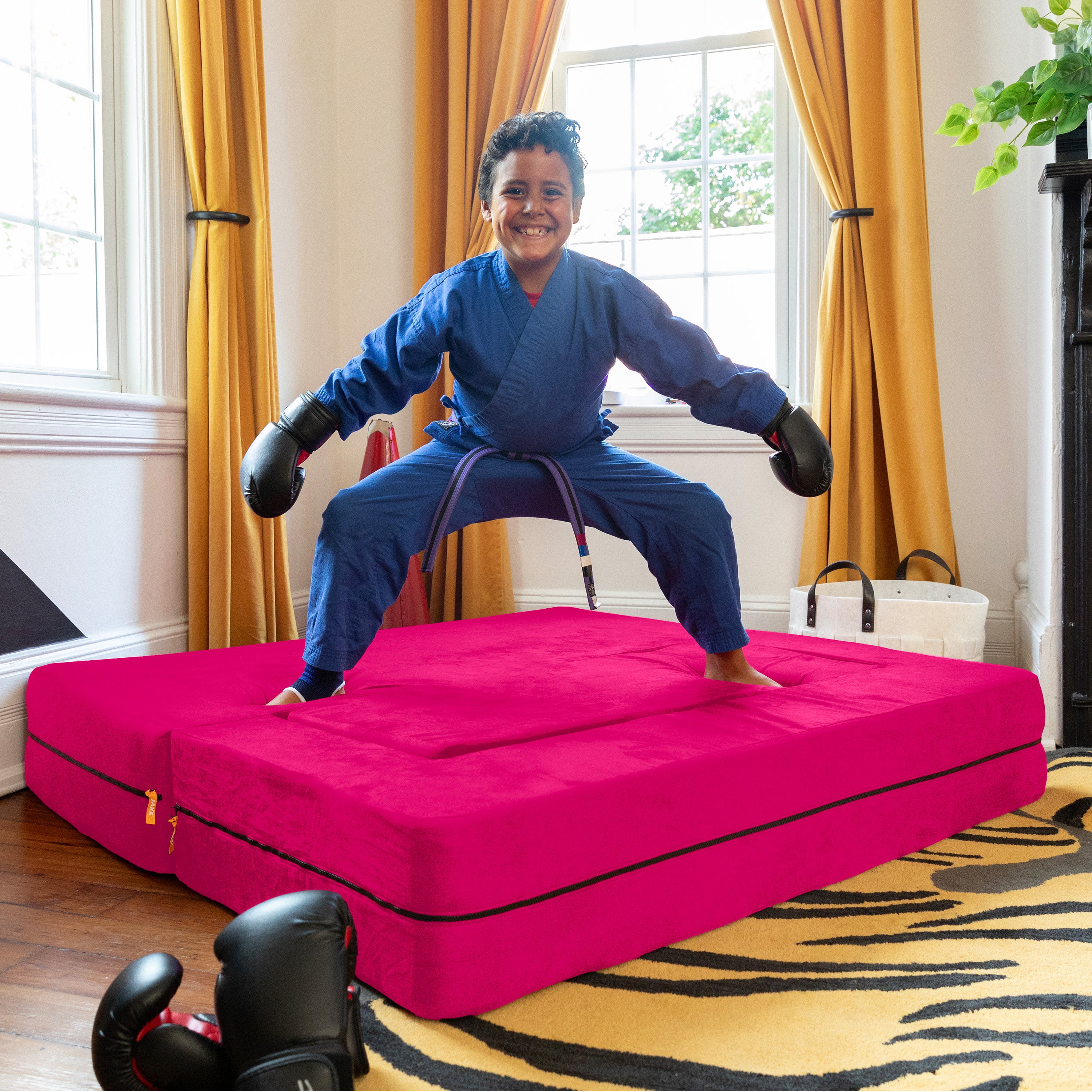 Jaxx Zipline Kids Sofa & Large Ottoman, 3 in 1 Fold Out Sofa, Big Kids Edition, Fuchsia