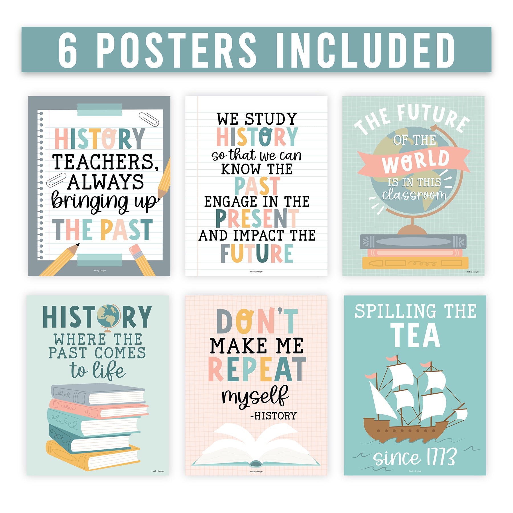 Boho History Bulletin Board Classroom Decor Posters, Set of 6