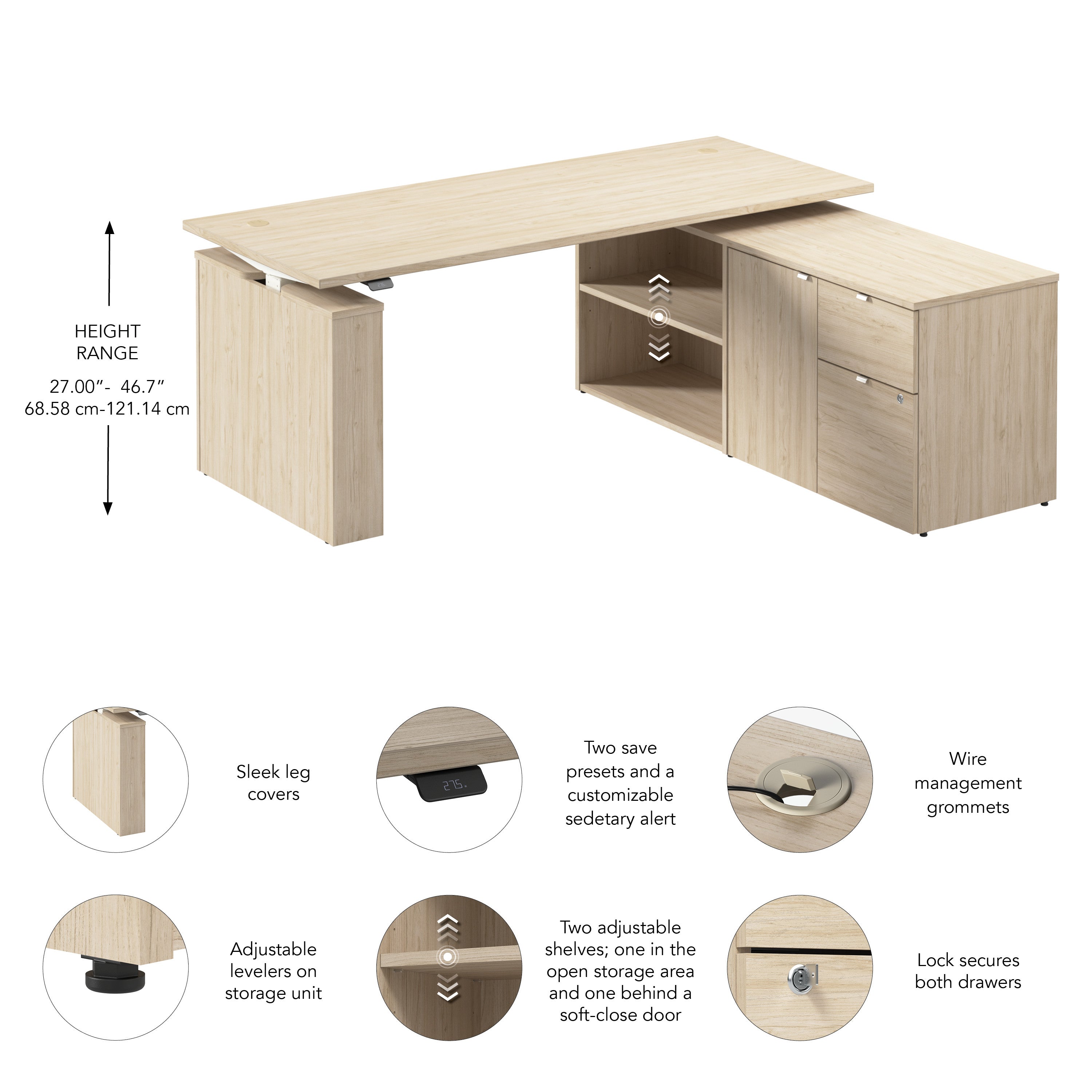 Bush Business Furniture Stratus&nbsp;72W x&nbsp;30D Electric Height Adjustable Standing Desk with Storage in Natural Elm with White Base - 71.02" Width x 29.37" Depth x 27.44" Height