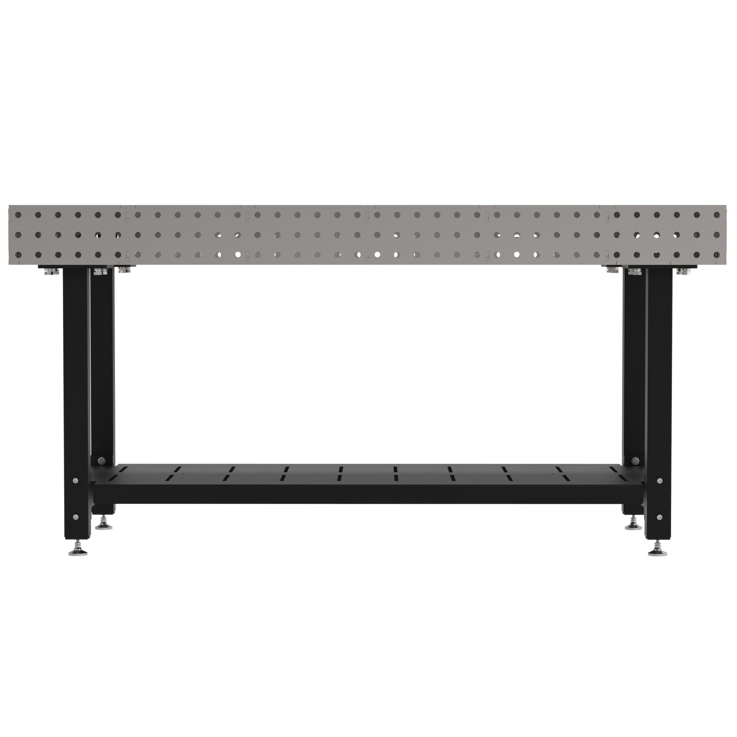 Welding Fixture Table, Fixed Height, 36"H x 72"L x 36"D, 1/4" Carbon Steel Top, Four Black Powdercoat Legs, Shelf, Self-Leveling Feet