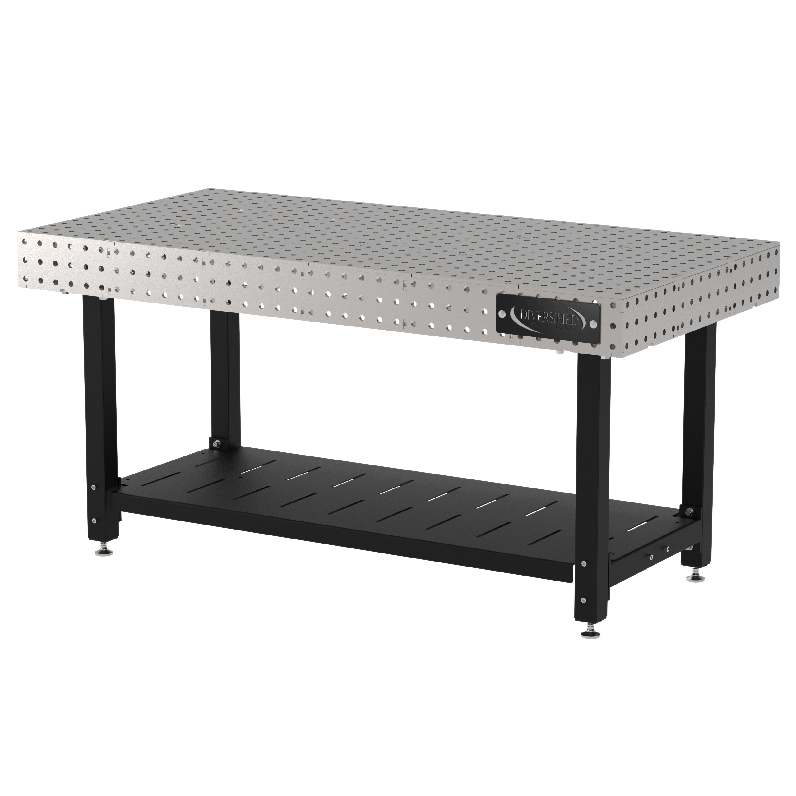Welding Fixture Table, Fixed Height, 36"H x 72"L x 36"D, 1/4" Carbon Steel Top, Four Black Powdercoat Legs, Shelf, Self-Leveling Feet
