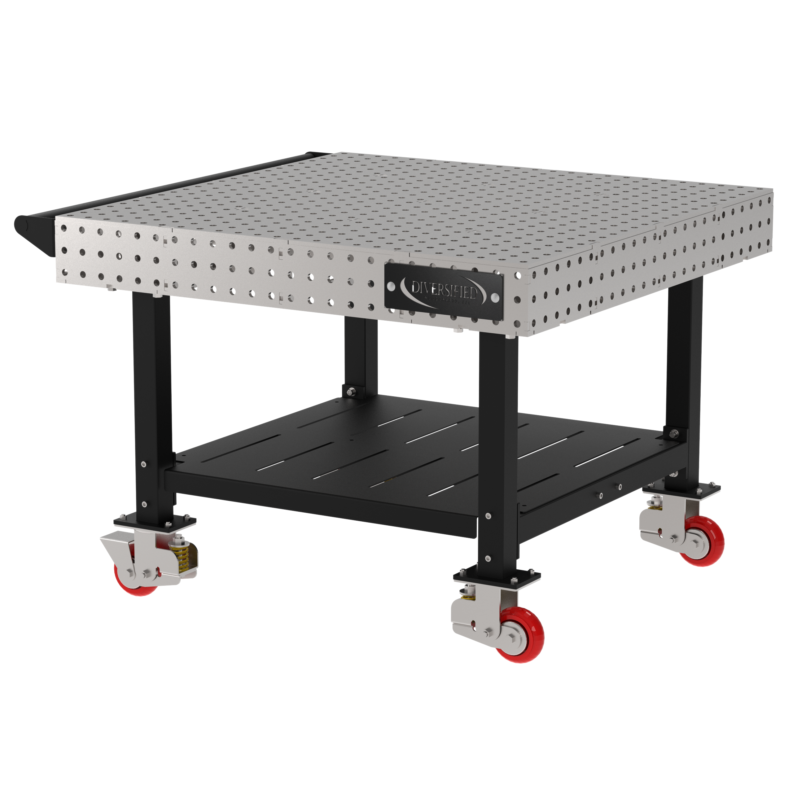 Welding Fixture Table, Fixed Height, 36"H x 48"L x 48"D, 1/4" Carbon Steel Top, Four Black Powdercoat Legs, Shelf, Handle, 4 Heavy Duty Suspension Casters (2 Locking/Swiveling Casters and 2 Non-Locking/Non-SwivelingCasters)