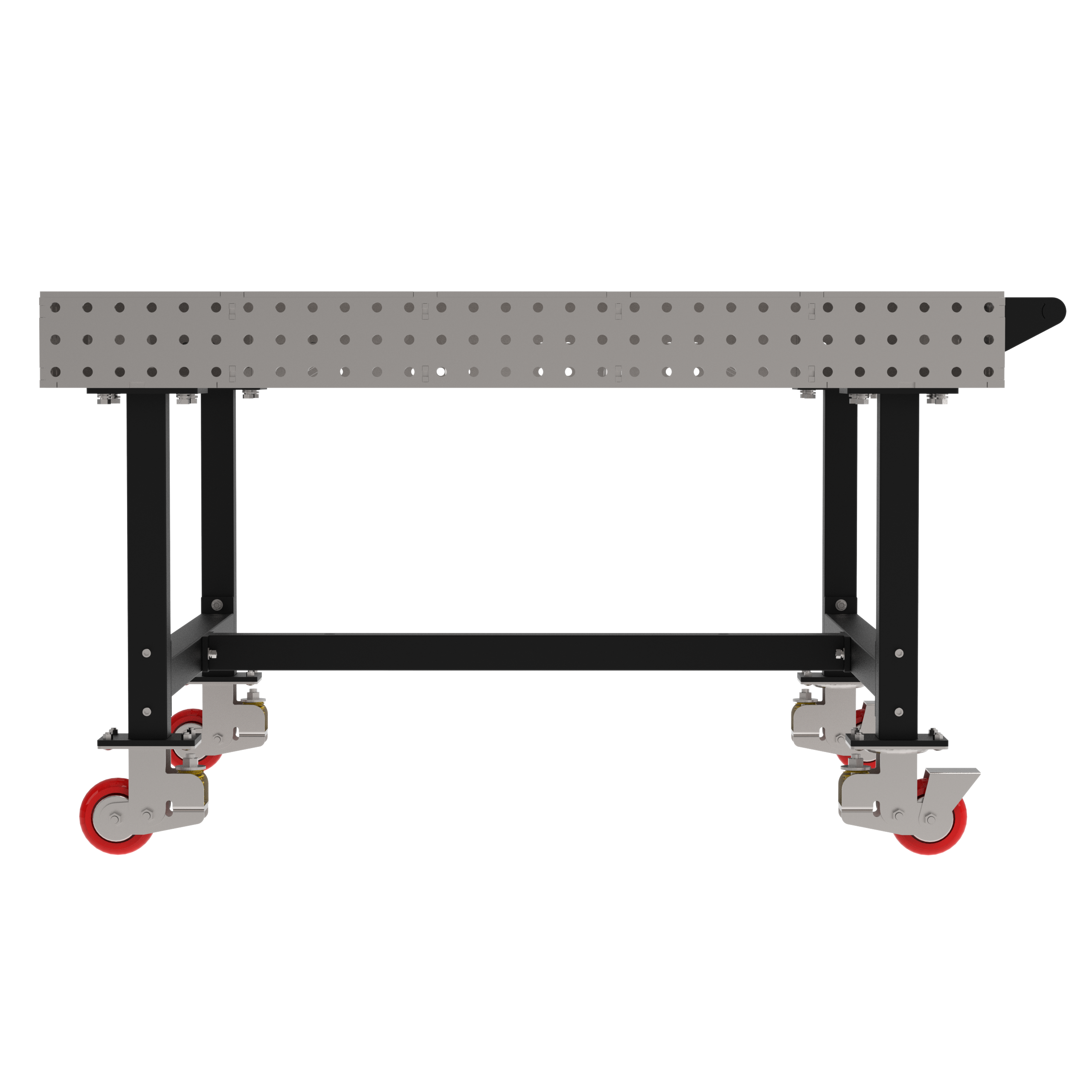 Welding Fixture Table, Fixed Height, 36"H x 60"L x 60"D, 1/4" Carbon Steel Top, Four Black Powdercoat Legs, Handle, 4 Heavy Duty Suspension Casters (2 Locking/Swiveling Casters and 2 Non-Locking/Non-SwivelingCasters)