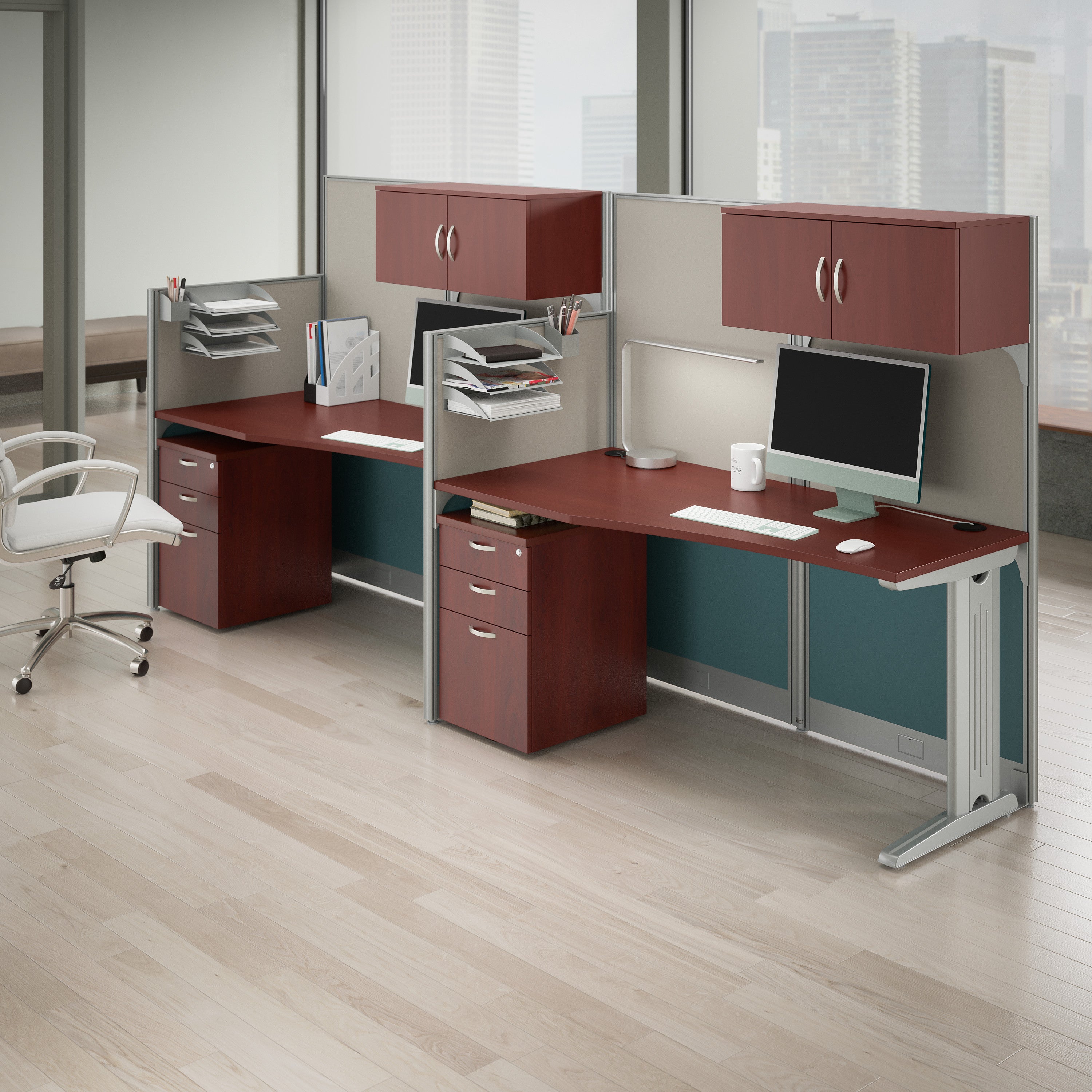 Bush Business Furniture Office in an Hour 2 Person Straight Cubicle Desks with Storage, Drawers, and Organizers in Hansen Cherry - 128.98" Width x 32.24" Depth x 62.87" Height