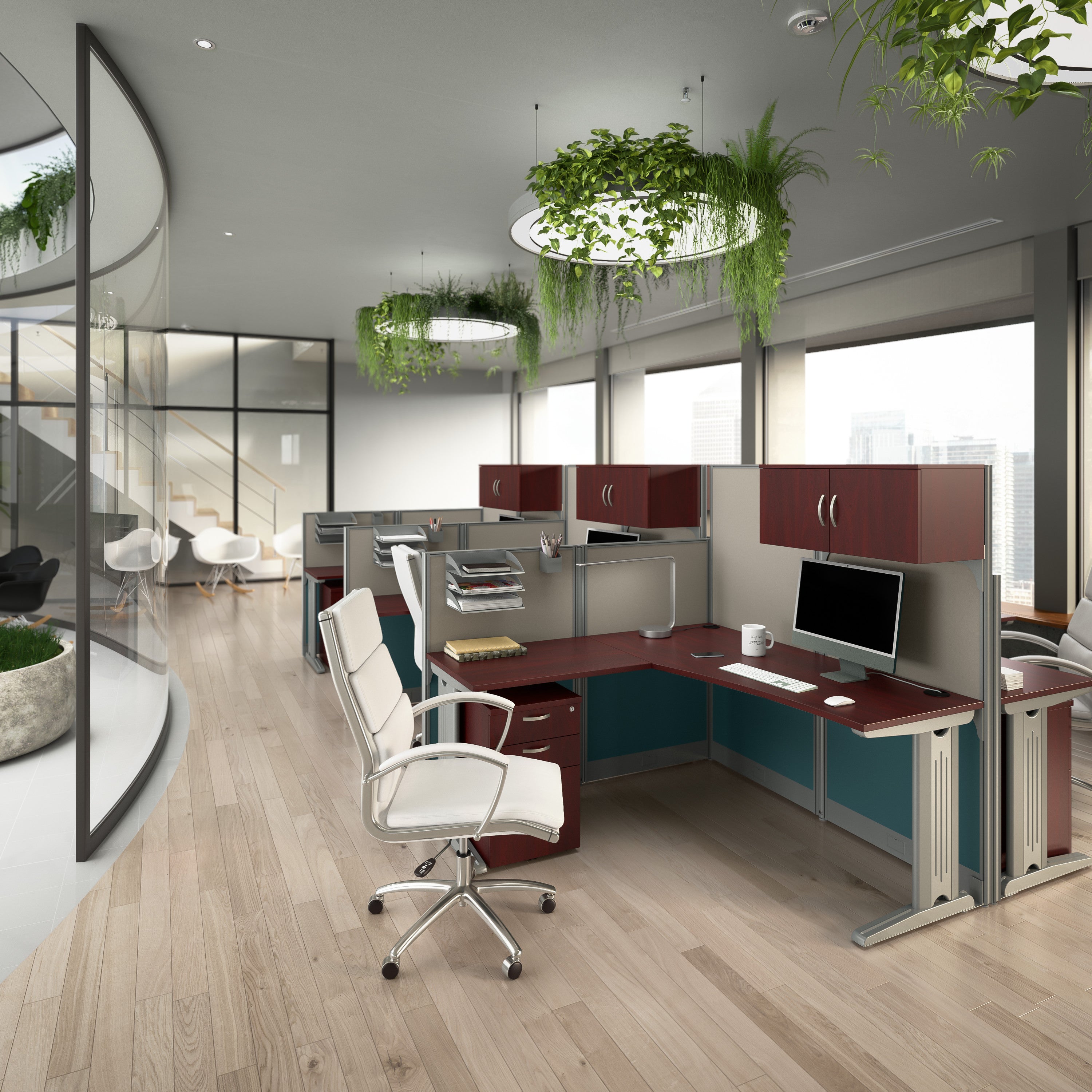 Bush Business Furniture Office in an Hour 3 Person L Shaped Cubicle Desks with Storage, Drawers, and Organizers in Hansen Cherry - 193.47" Width x 64.49" Depth x 62.87" Height