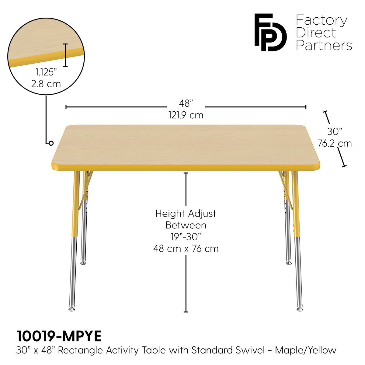 30" x 48" Rectangle T-Molding Activity Table with Adjustable Standard Swivel Glide Legs - Maple/Yellow