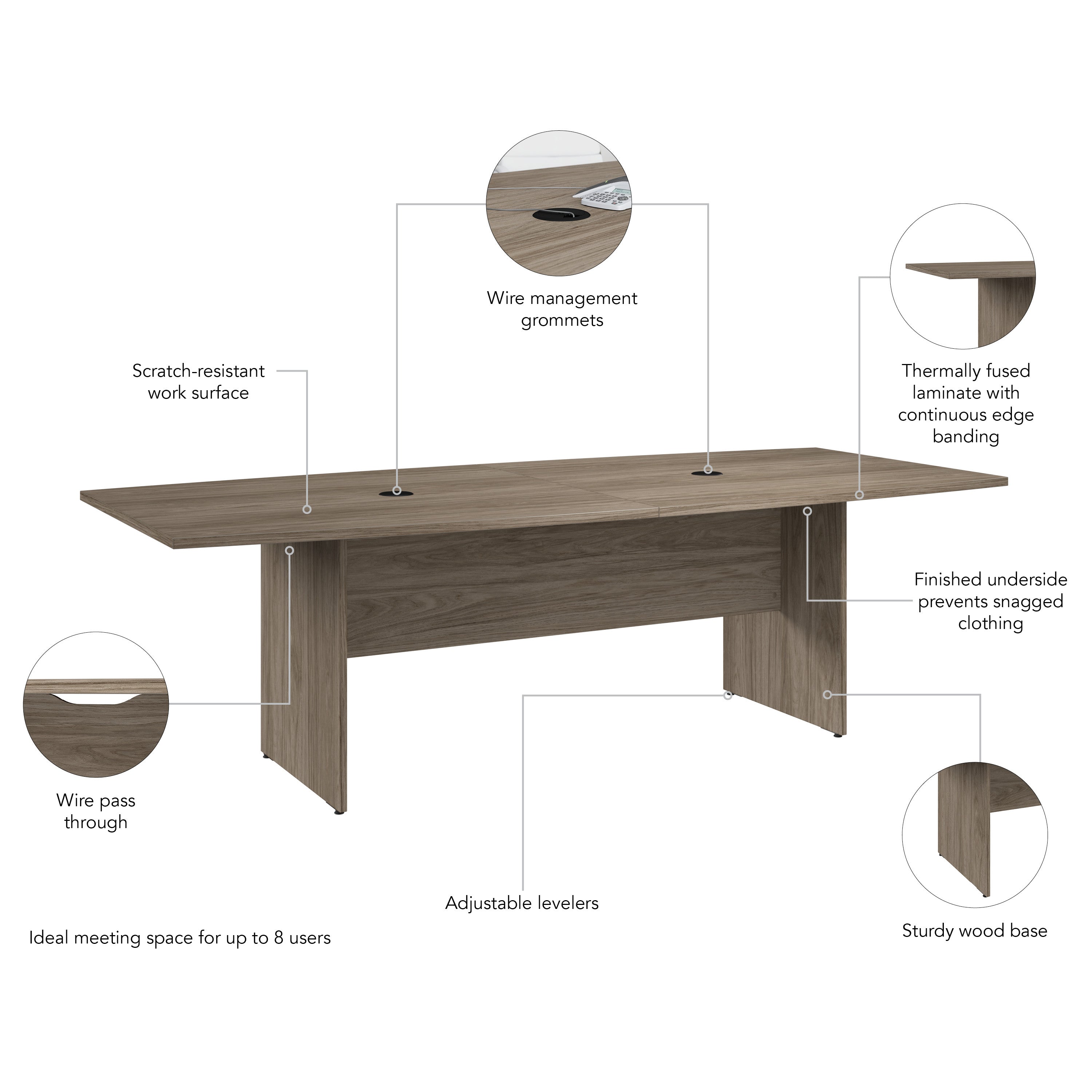 Bush Business Furniture 96-inch Office Conference Table with Wood Base in Modern Hickory - 95.19" Width x 42.00" Depth x 28.65" Height