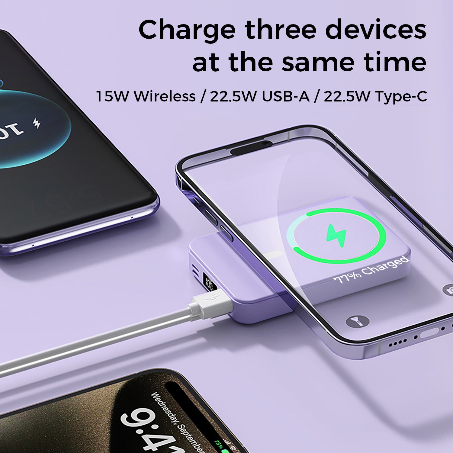 10,000mAh Magnetic Wireless Charge Power Bank with Foldable Stand, Purple