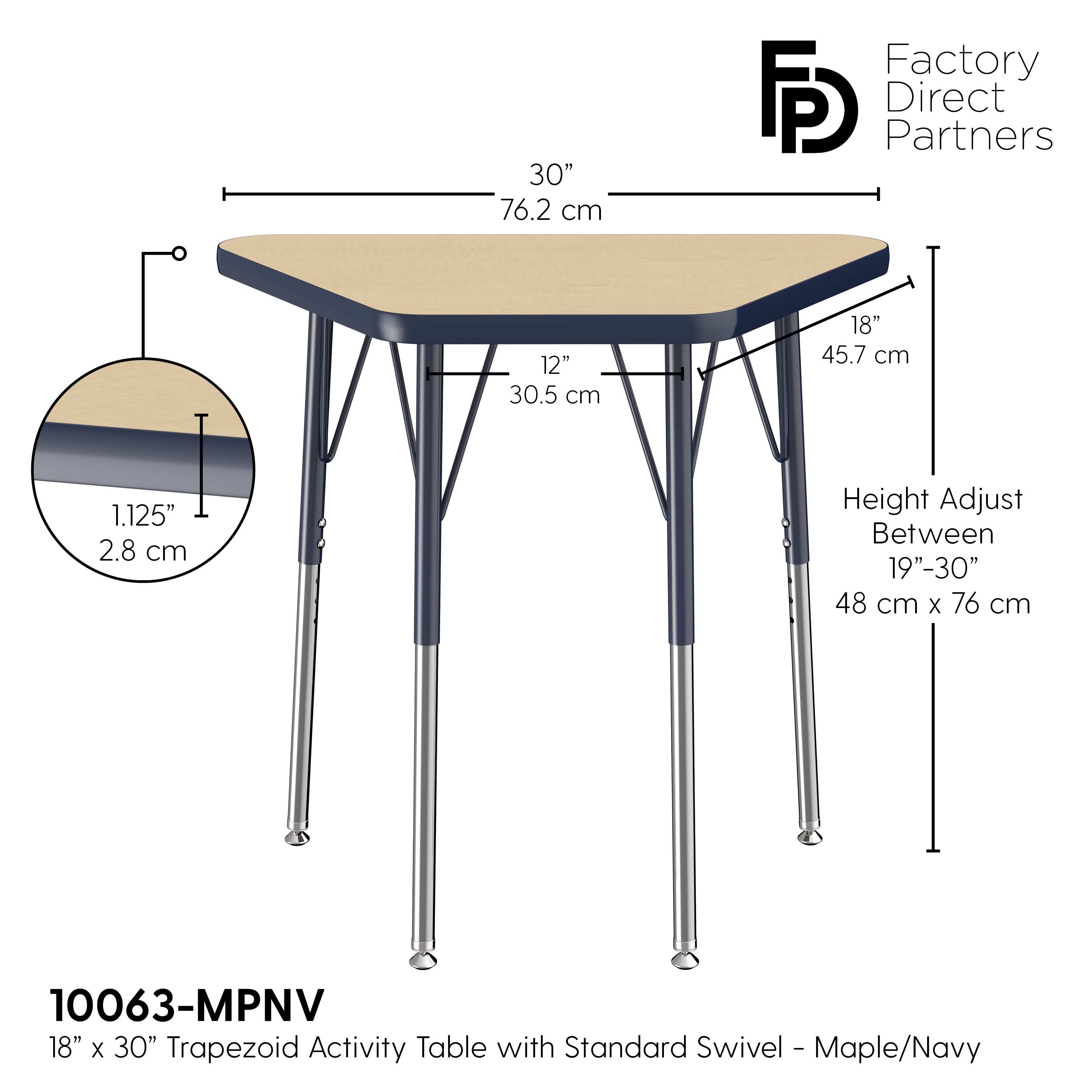 18" x 30" Trapezoid T-Molding Activity Table with Adjustable Standard Swivel Glide Legs - Maple/Navy