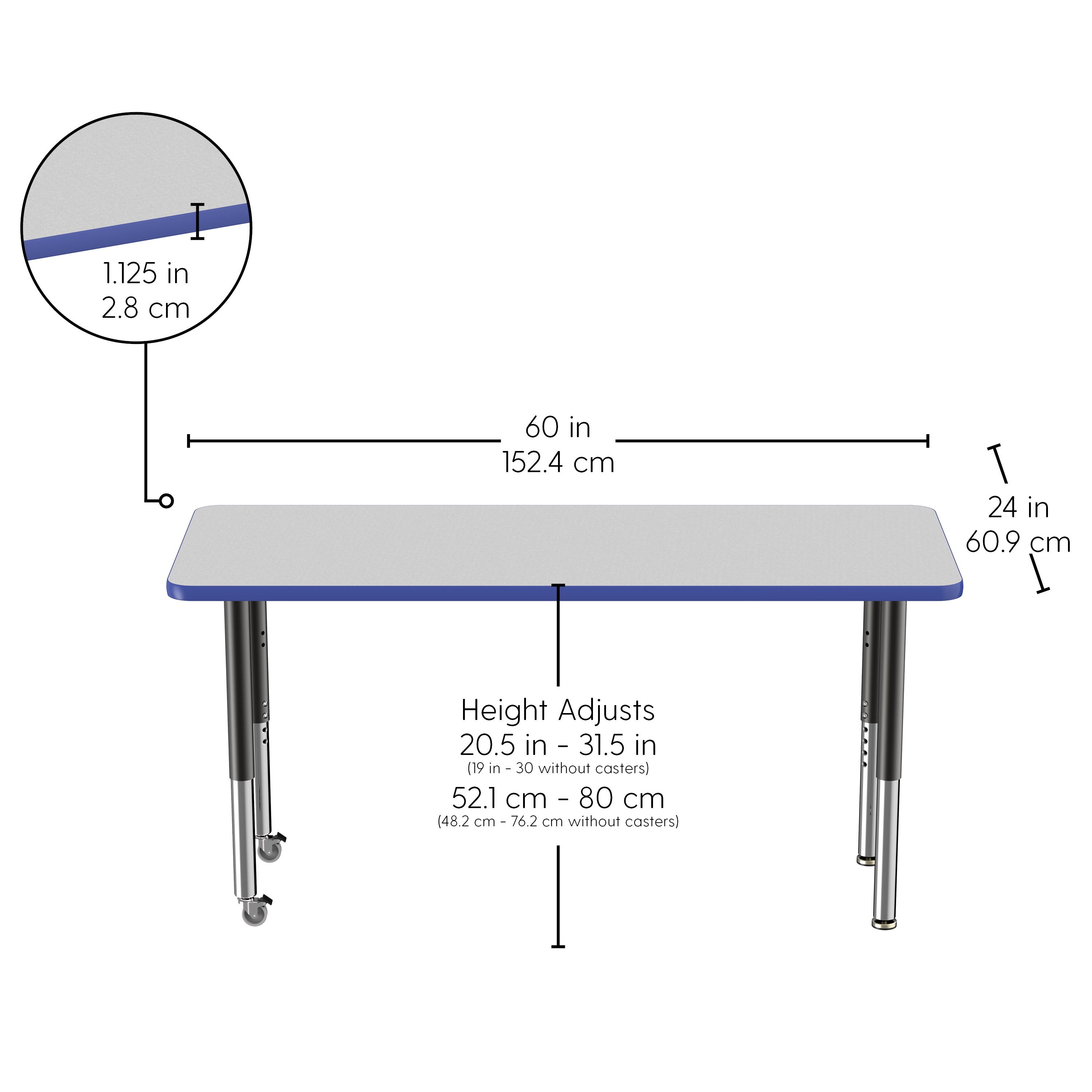 24" x 60" Rectangle T-Molding Activity Table with Adjustable Super Legs - Gray/Blue/Black