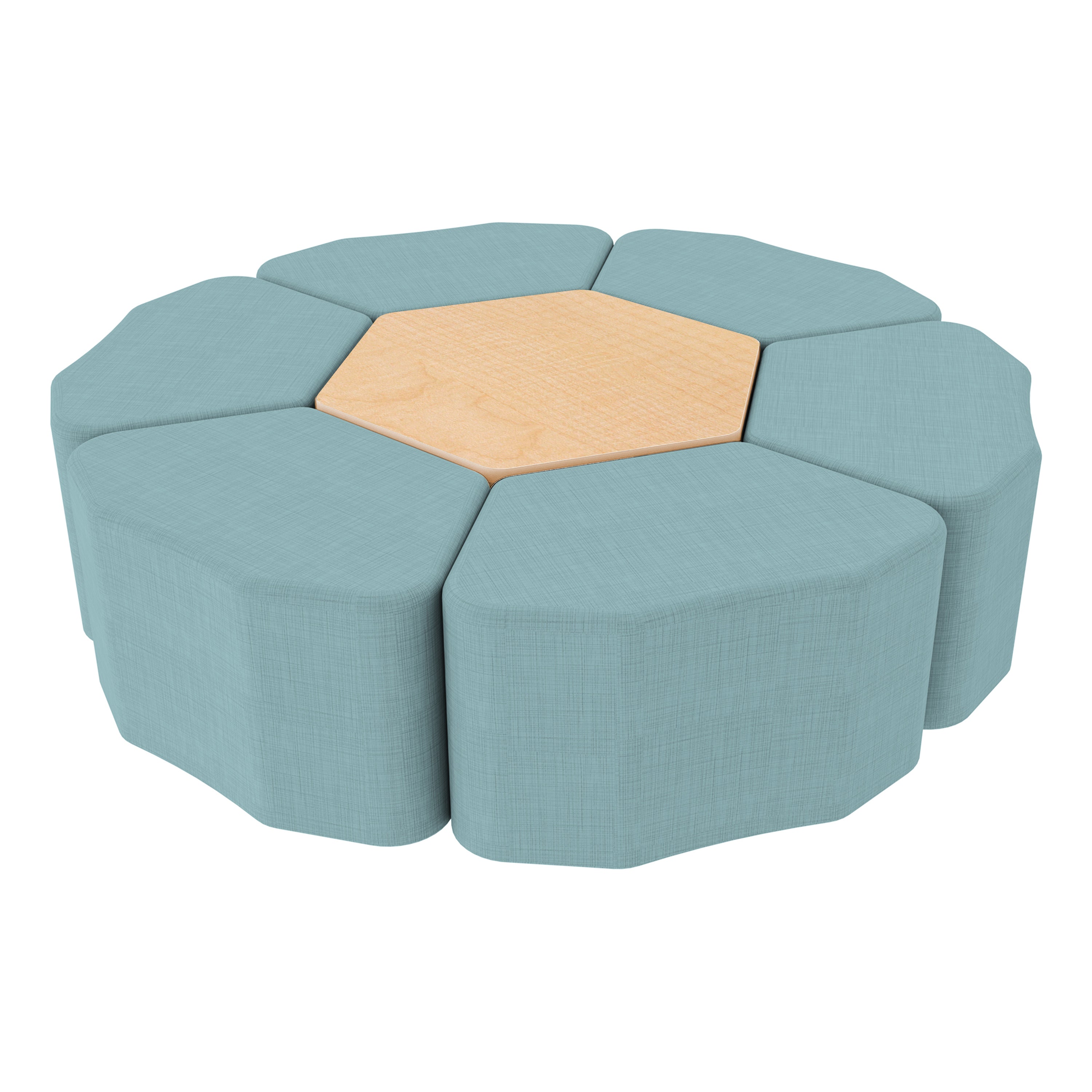 Pro Series Hexagon Ottoman Table with Petal 18" H Seating, 7-Piece Set - Sky Blue Crosshatch/Maple