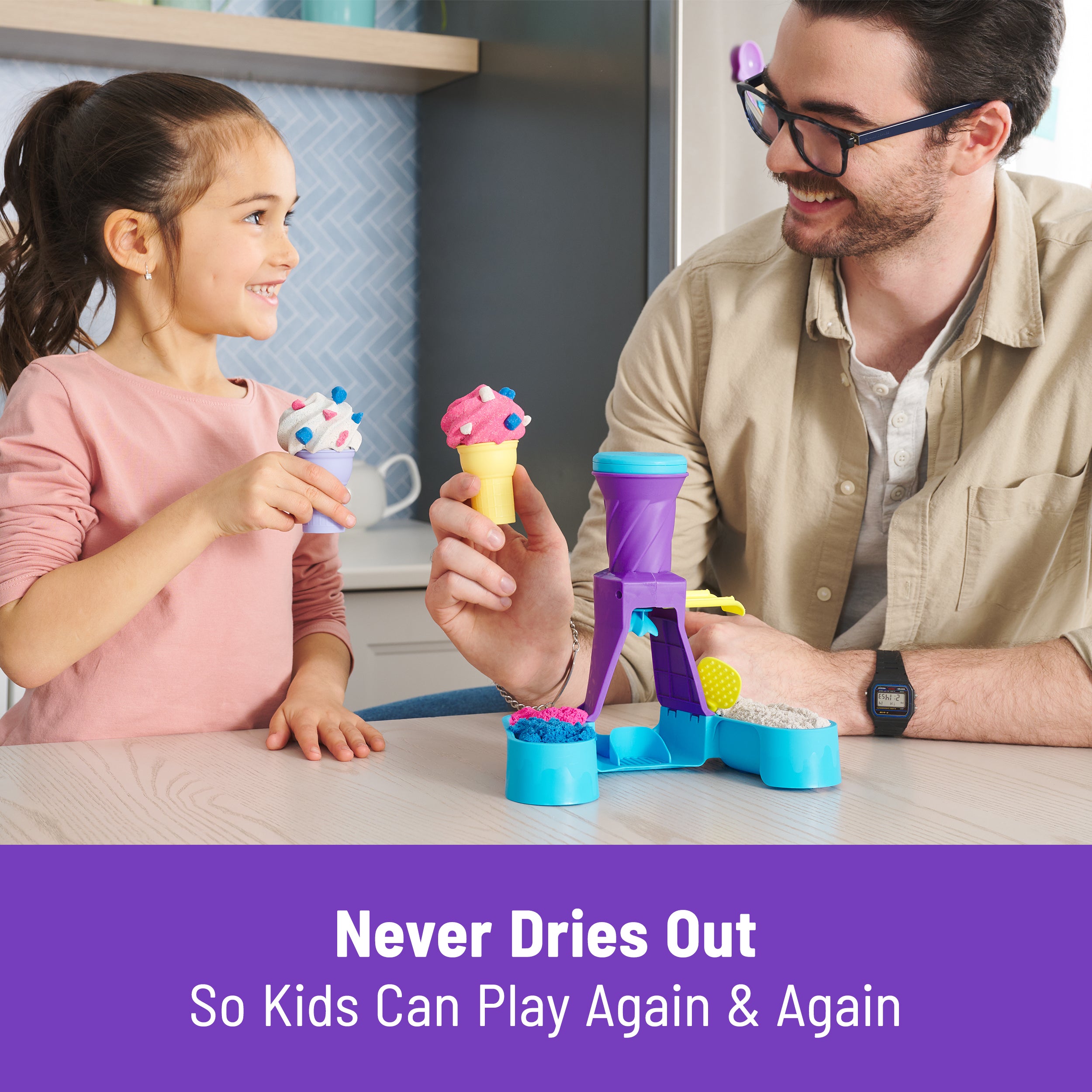 Kinetic Sand, Soft Serve Station with 14oz Play Sand Blue, Pink & White, 2 Ice Cream Cones & 2 Tools, Sensory Toys for Kids Ages 5 and up
