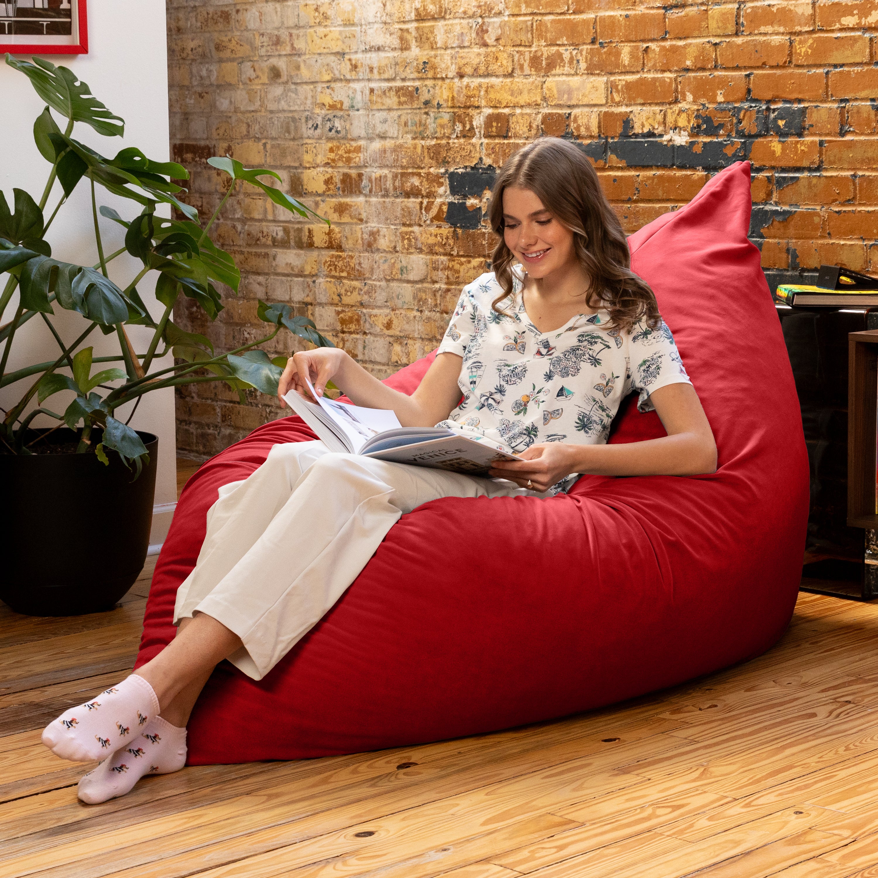 Pillow Saxx Dream Lounger with Wood Frame - 3-in-1 Bean Bag Accent Chair, Recliner & Sleeper, Lush Velvet Merlot