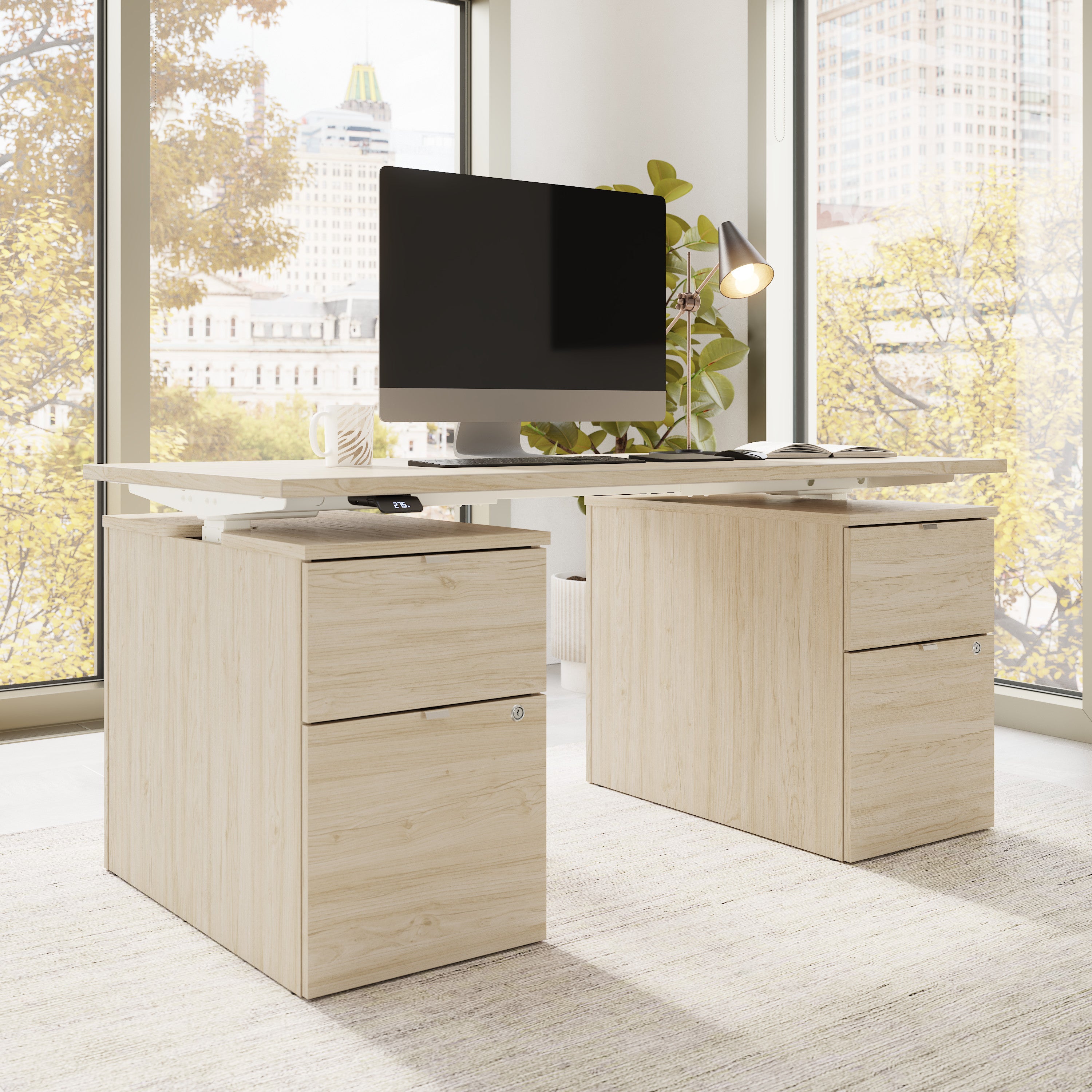 Bush Business Furniture Stratus&nbsp;60W x&nbsp;30D Electric Height Adjustable Standing Desk with Drawers in Natural Elm with White Base - 59.45" Width x 29.37" Depth x 27.44" Height