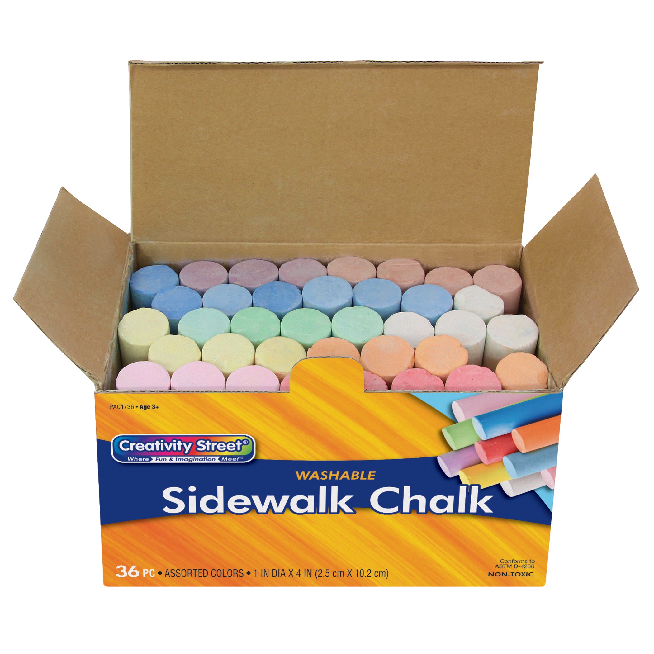 Sidewalk Chalk, Assorted Colors, 4", 36 Pieces