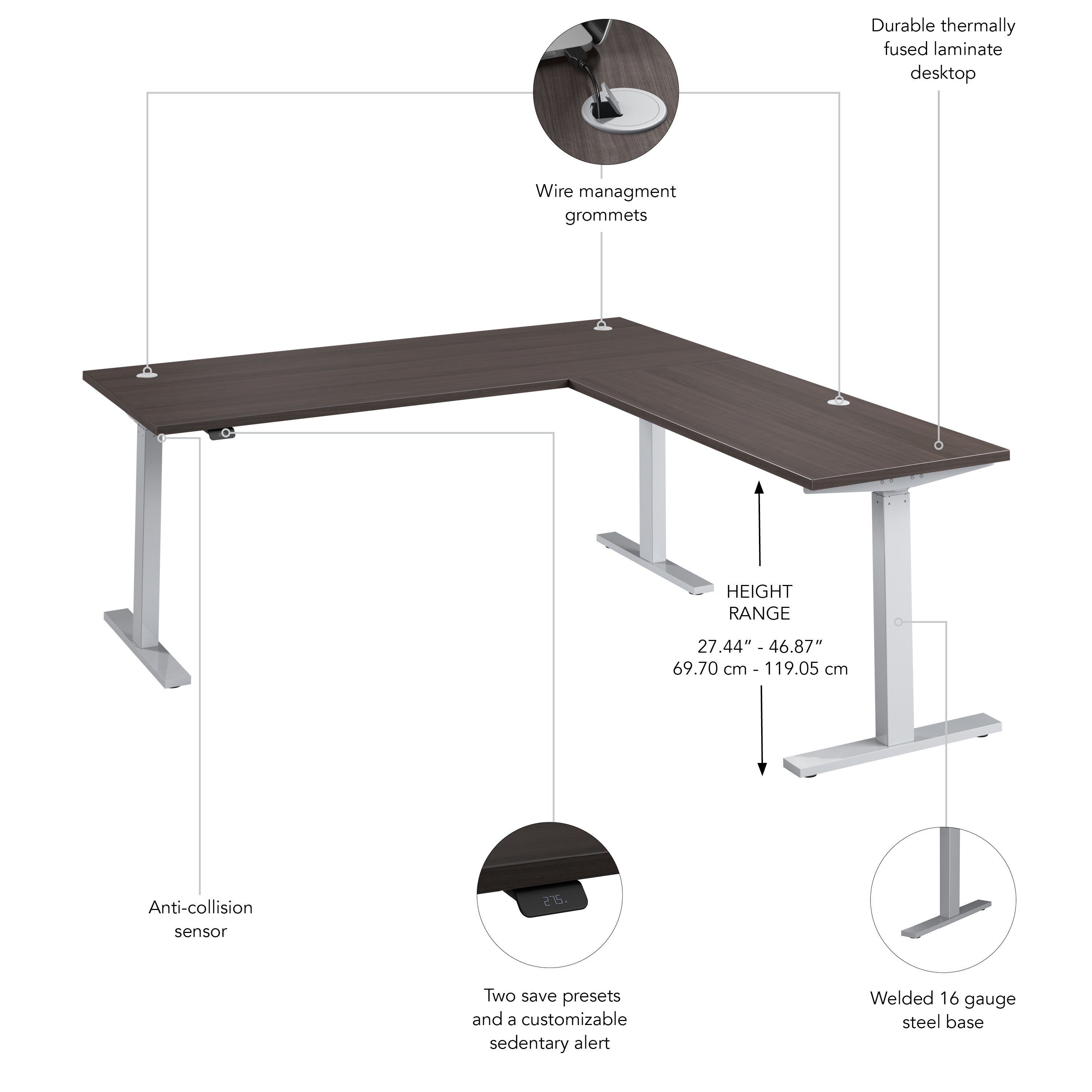 Bush Business Furniture Move 60 Series 72W Height Adjustable L Shaped Standing Desk in Storm Gray with Metallic Gray Base - 71.02" Width x 76.97" Depth x 27.44" Height