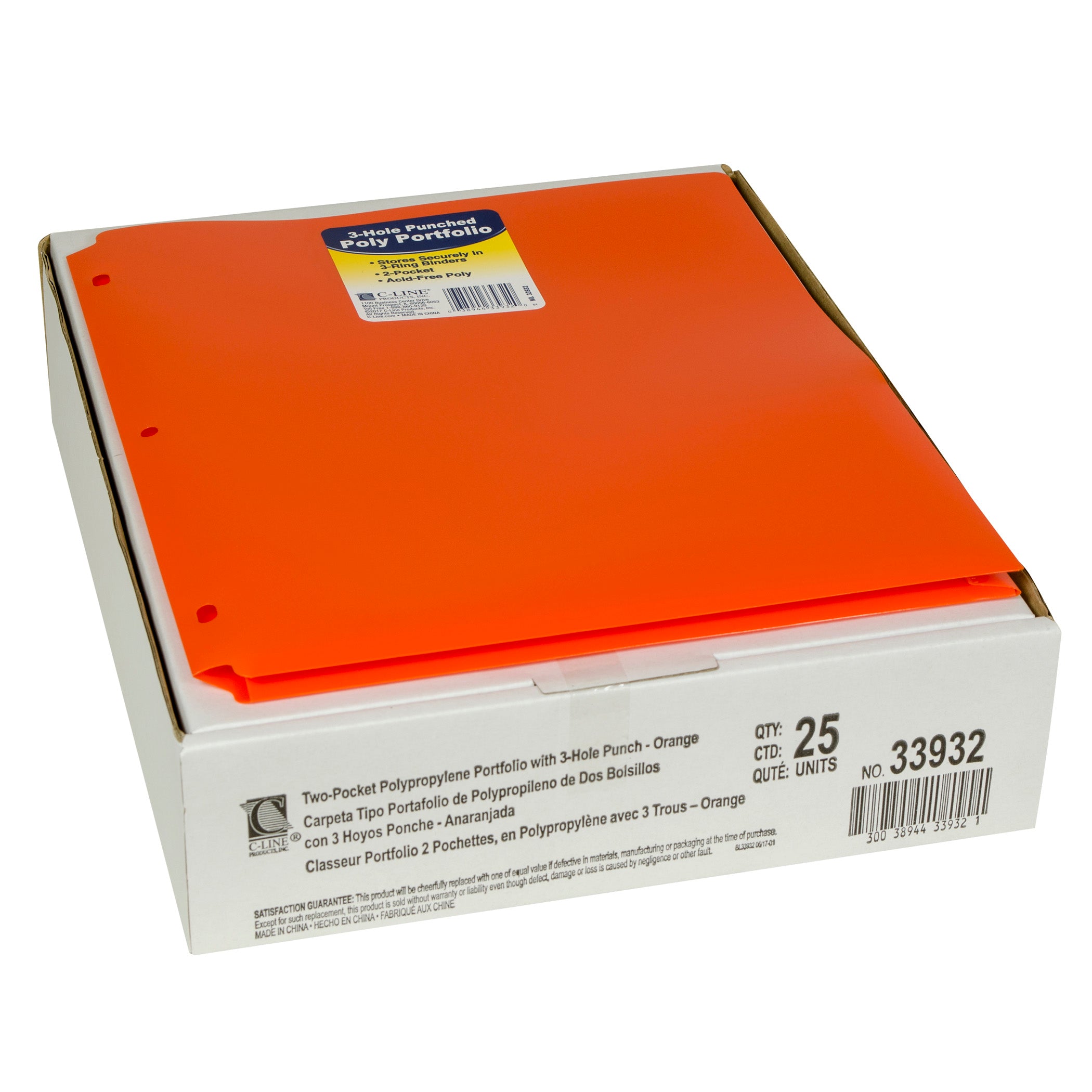 Two-Pocket Heavyweight Poly Portfolio Folder with Three-Hole Punch, Orange, Each