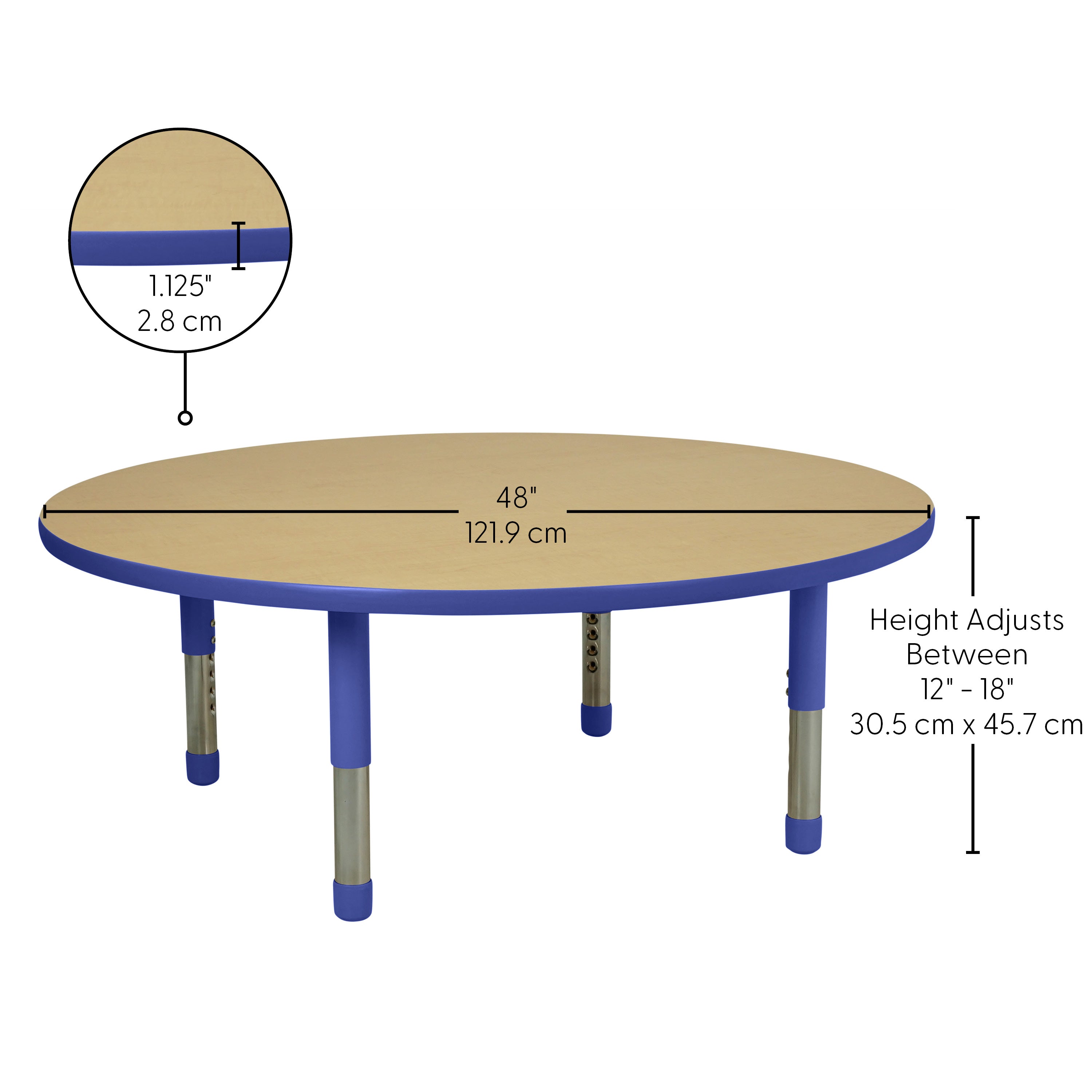 48" Round T-Molding Activity Table with Adjustable Tiny Tot Legs - Maple/Blue