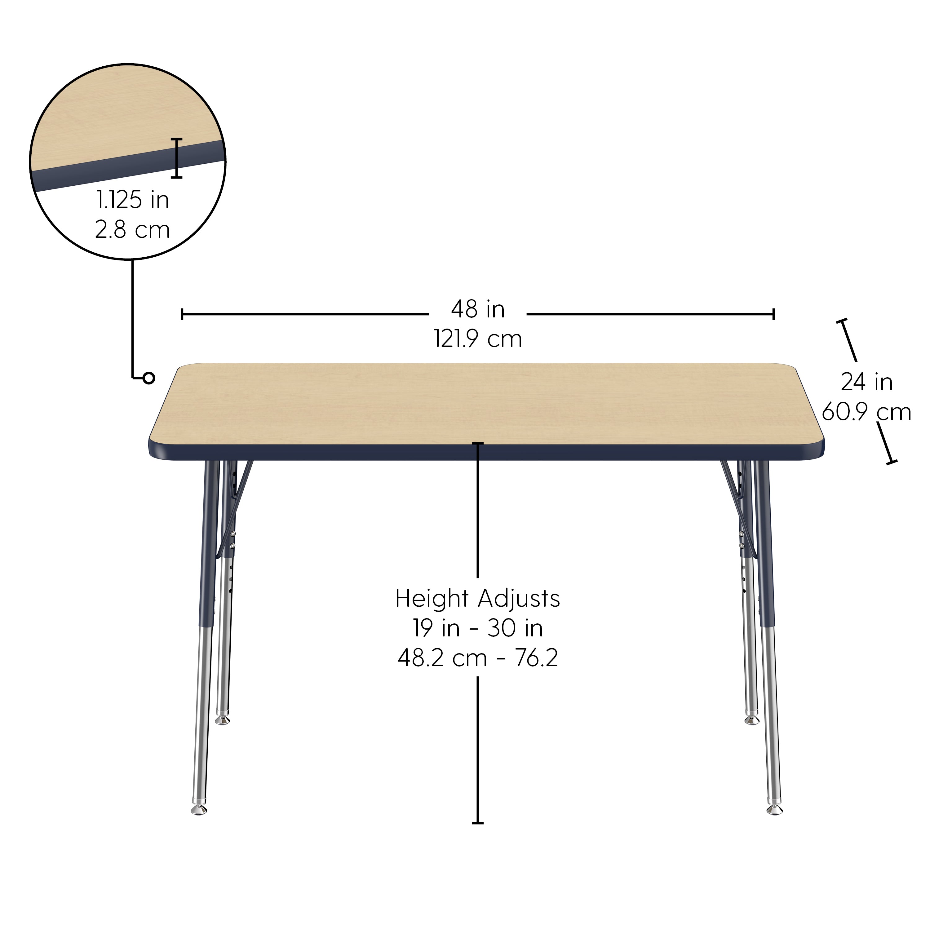 24" x 48" Rectangle T-Molding Activity Table with Adjustable Standard Swivel Glide Legs - Maple/Navy