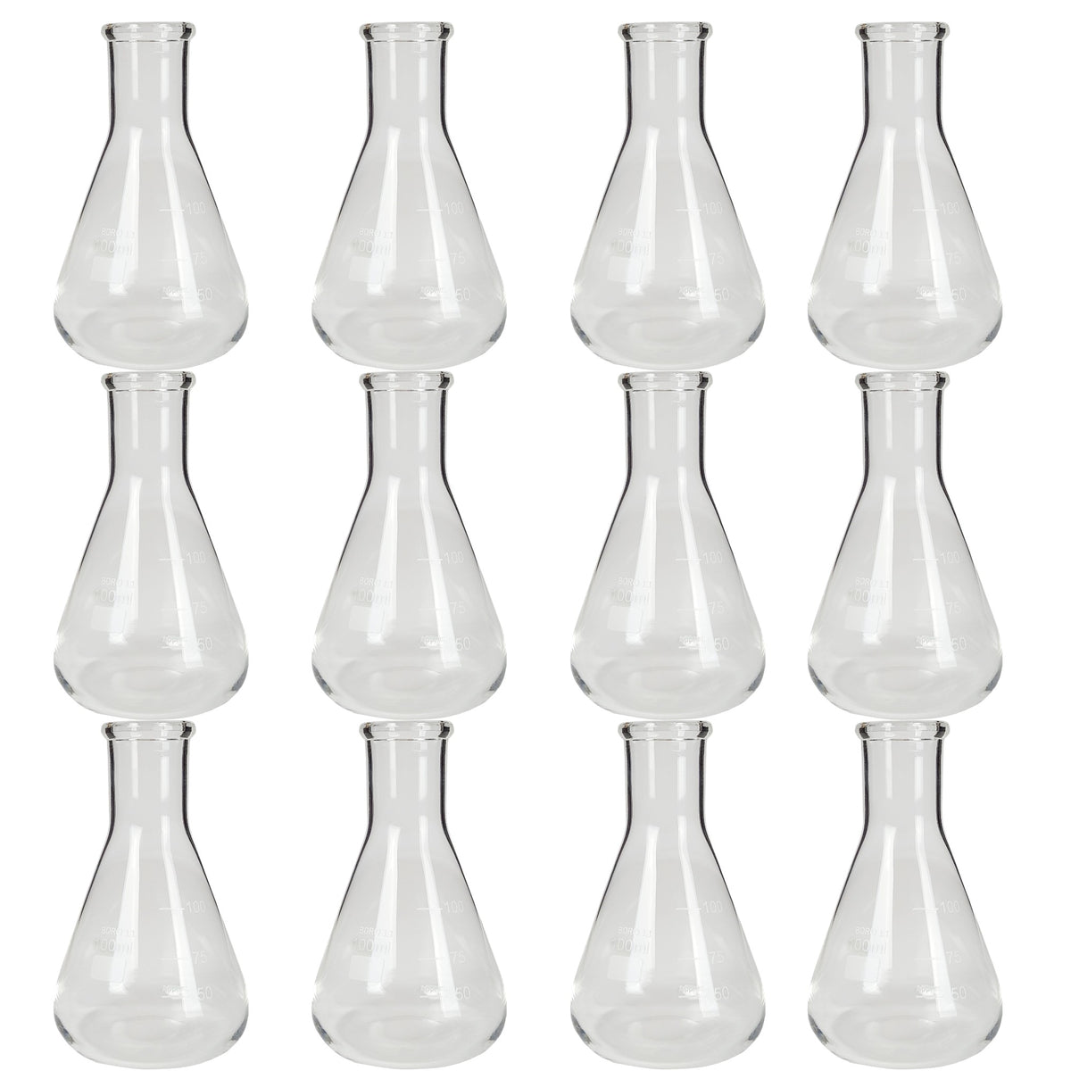 Flask, Erlenmeyer, Borosilicate Glass, Graduated, 100ml, Pack of 12
