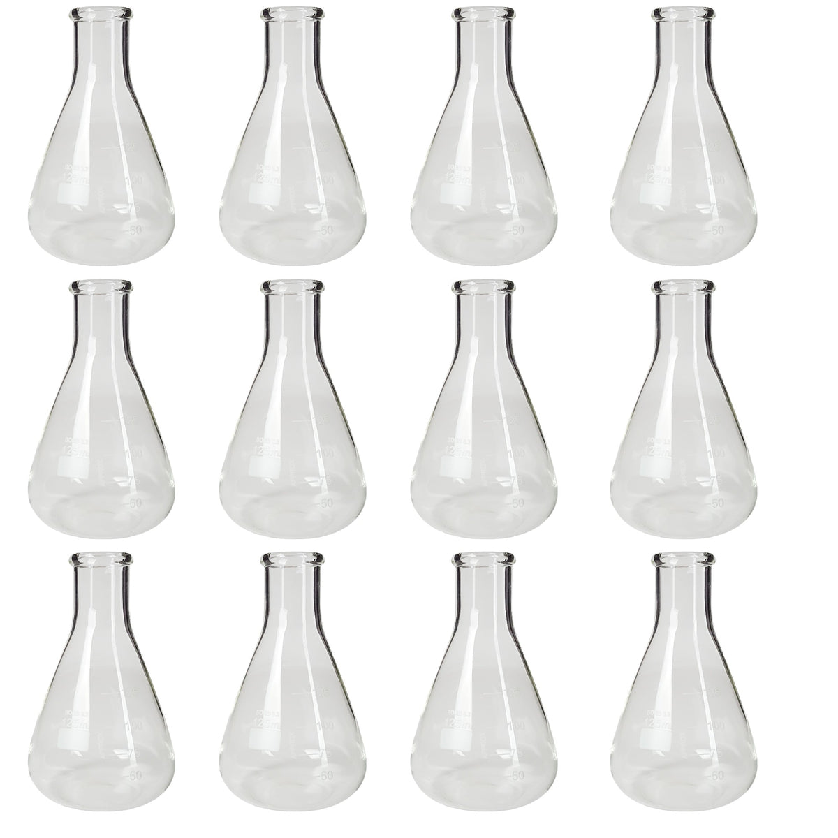 Flask, Erlenmeyer, Borosilicate Glass, Graduated, 125ml, Pack of 12