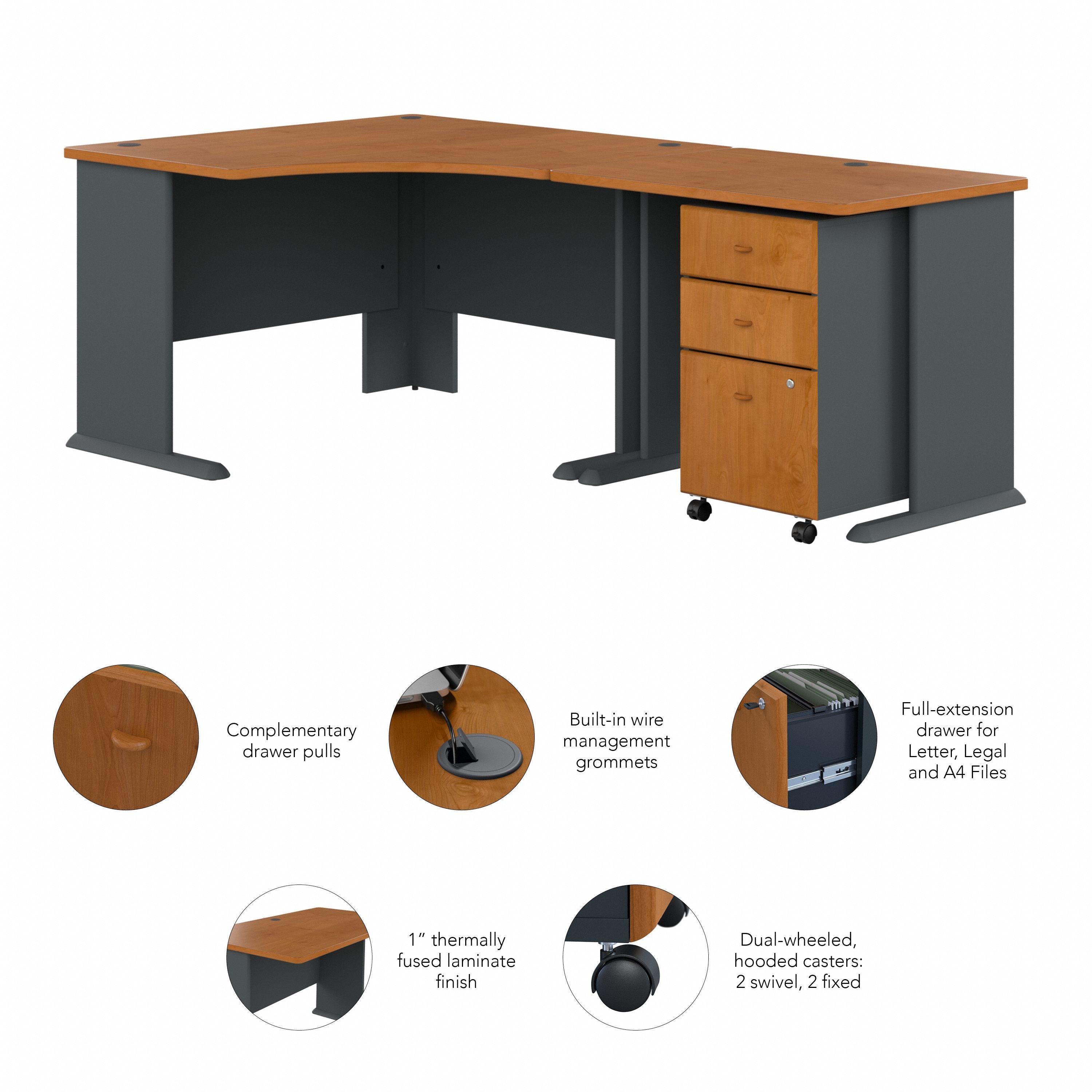 Bush Business Furniture Series A 48W Corner Desk with 36W Return and Mobile File Cabinet in Natural Cherry and Slate - 82.76" Width x 47.17" Depth x 29.66" Height
